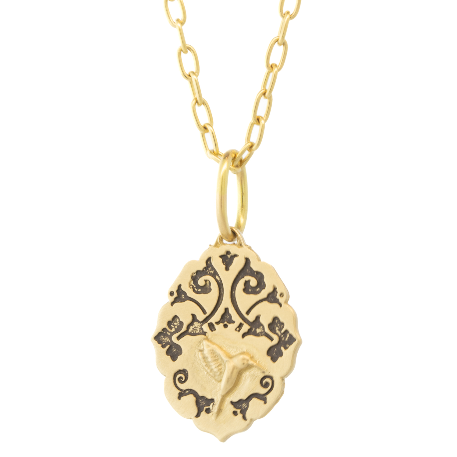 Erica Molinari Trunk Show: 14K small Ornate Hummingbird -'who being loved, is poor", 1" x 9/16" including bail