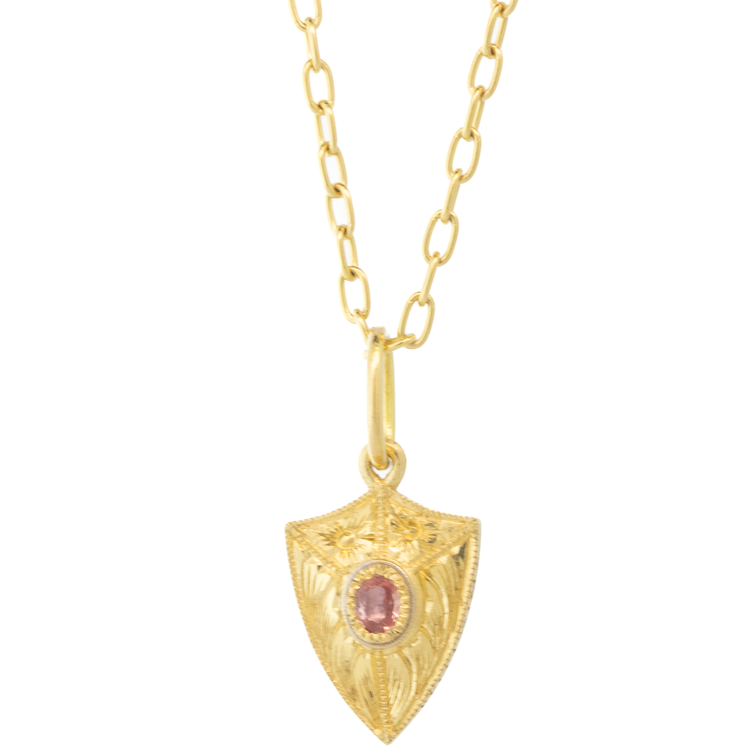 Erica Molinari Trunk Show: 18K HAND engraved padparadscha Sapphire Shield charm -.12cts 'A beautiful thing' , 15/16" x 7/16" including bail