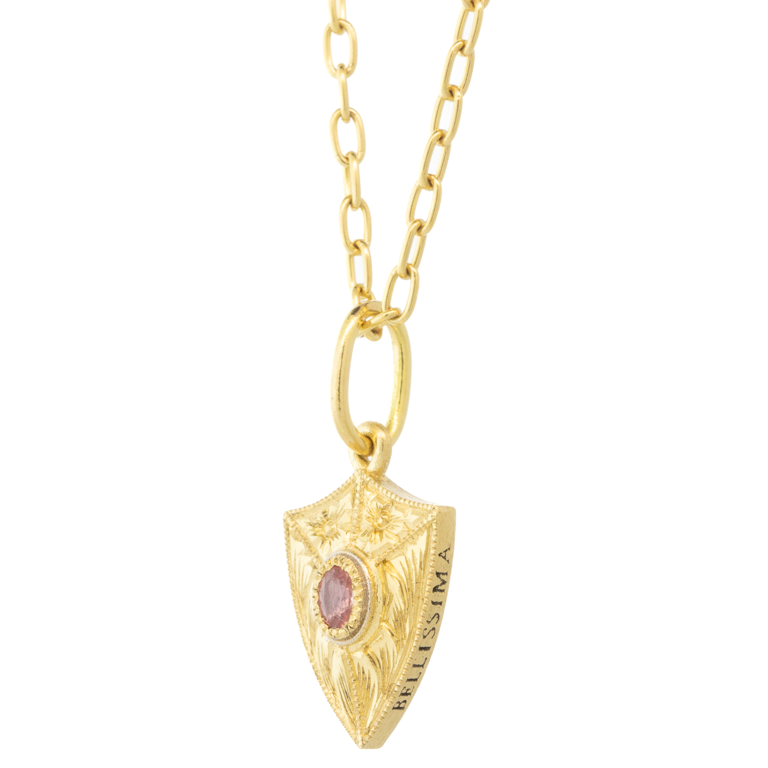 Erica Molinari Trunk Show: 18K HAND engraved padparadscha Sapphire Shield charm -.12cts 'A beautiful thing' , 15/16" x 7/16" including bail