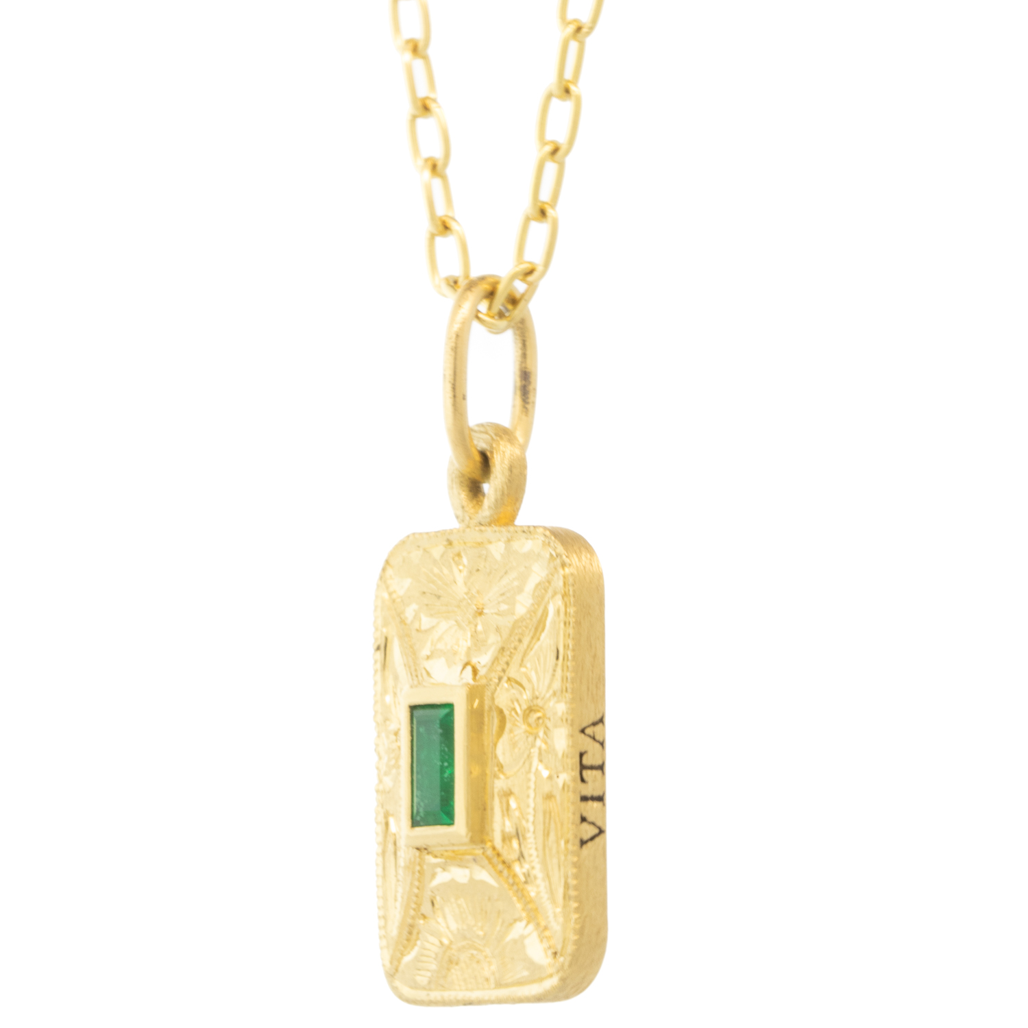 Erica Molinari Trunk Show: 18K hand engraved Soft rectangle Emerald Baguette charm - .18cts - "love my Life", 1 1/8" x 1/2" including bail