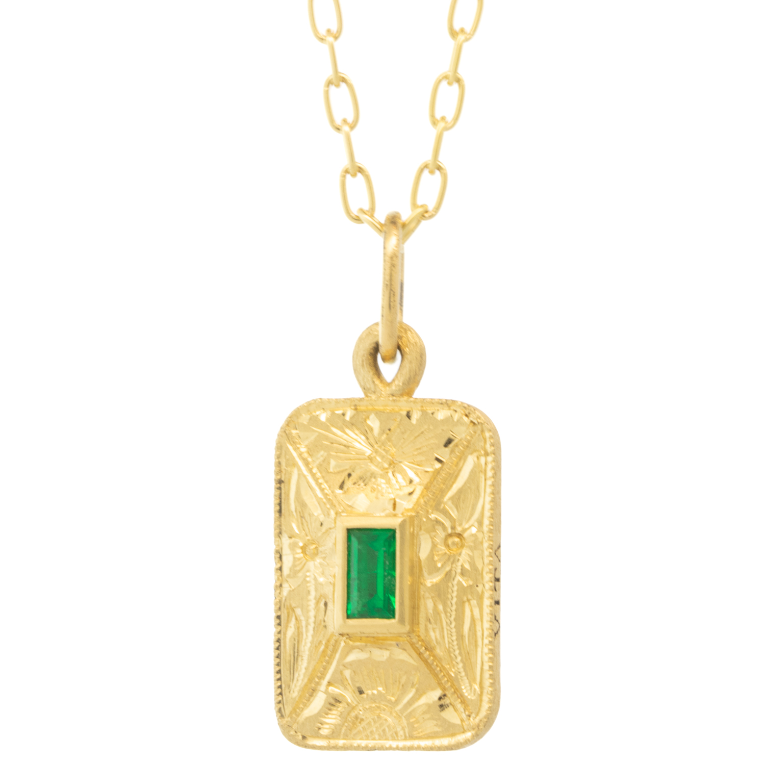 Erica Molinari Trunk Show: 18K hand engraved Soft rectangle Emerald Baguette charm - .18cts - "love my Life", 1 1/8" x 1/2" including bail