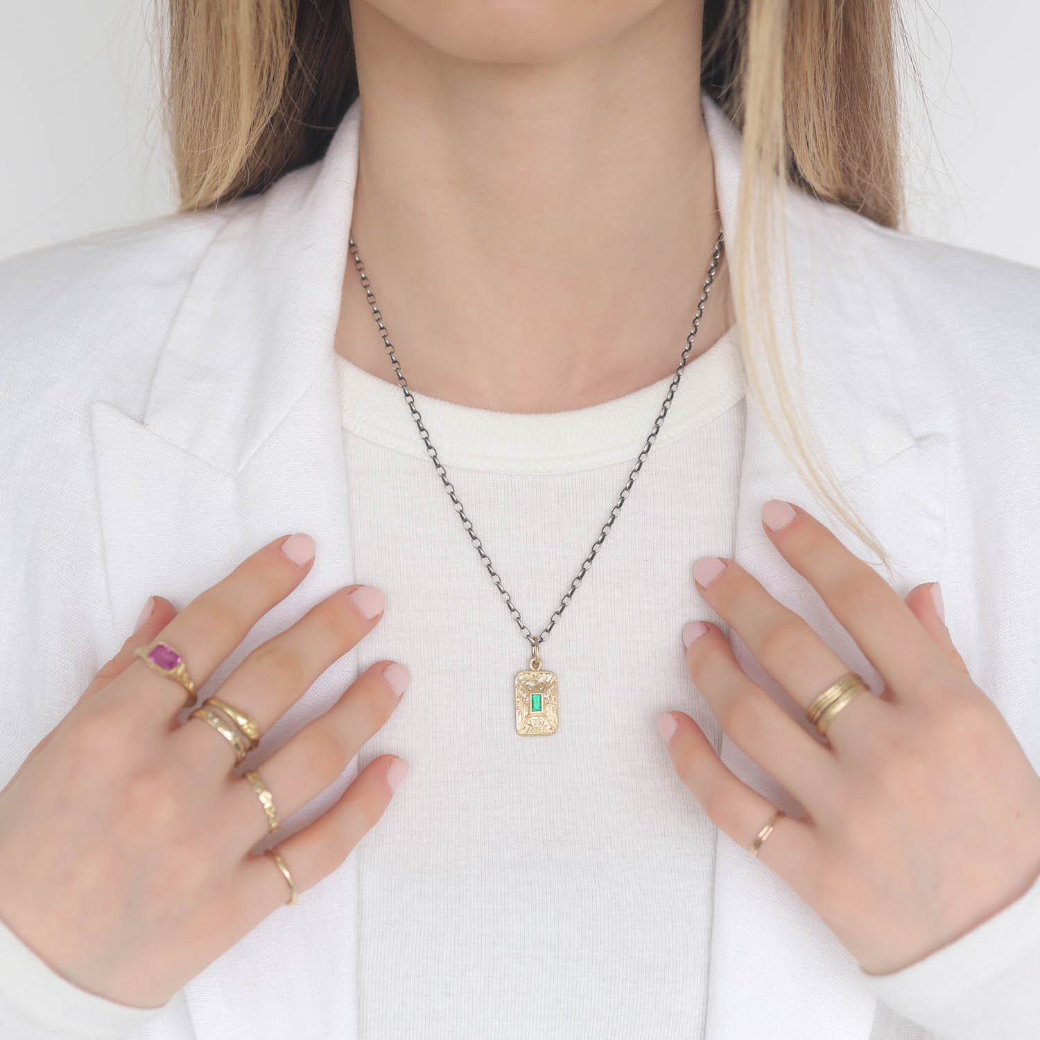 Erica Molinari Trunk Show: 18K hand engraved Soft rectangle Emerald Baguette charm - .18cts - "love my Life", 1 1/8" x 1/2" including bail