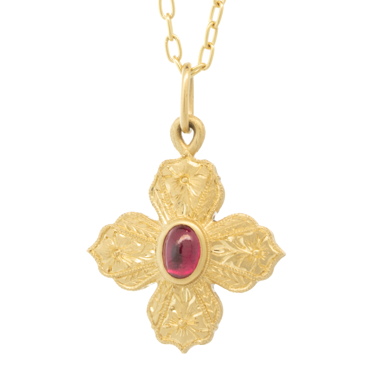 Erica Molinari Trunk Show: 18K hand engraved 4 point strar set with pink tourmaline -1cts -, 1 1/4" x 7/8" including bail