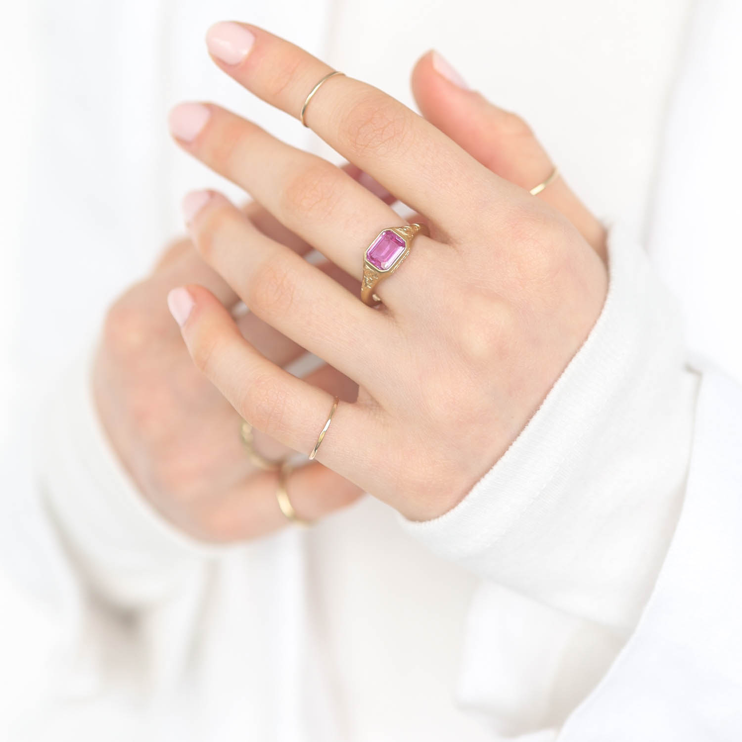 Erica Molinari Trunk Show: 18k hand engraved Pink sapphire 1.7cts size 6.75, stone measures 5/16" x 3/8" including bezel