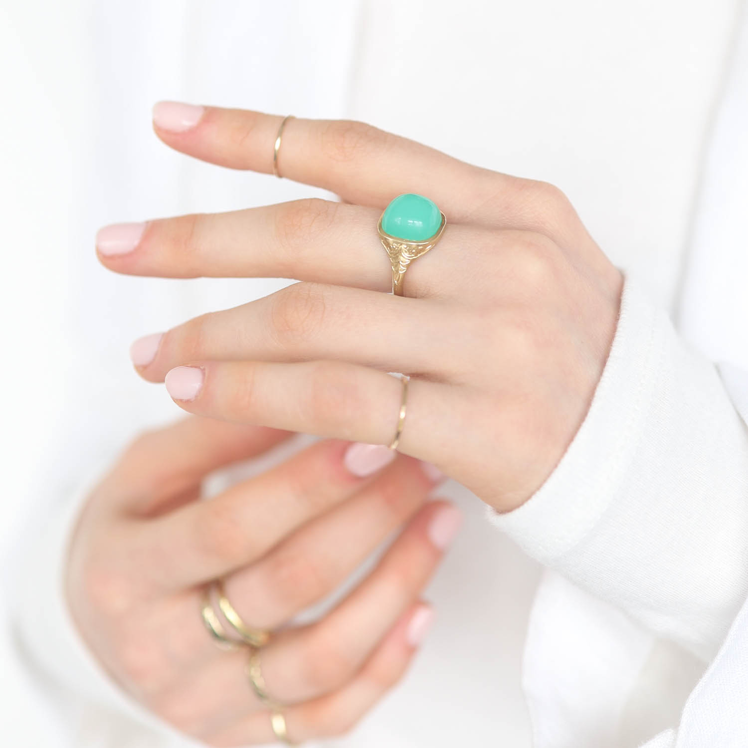 Erica Molinari Trunk Show: 18K hand engraved Chrysophrase ring - 7.9cts size 6.75, stone measures 1/2" x 1/2" including bezel