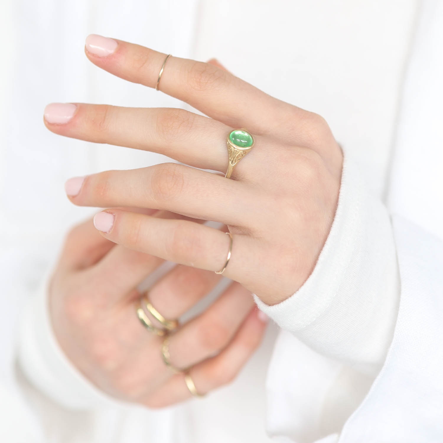 Erica Molinari Trunk Show: 18k Hand Engraved Green tourmaline 1.5cts size 7, stone measures 3/8" x 5/16" including bezel