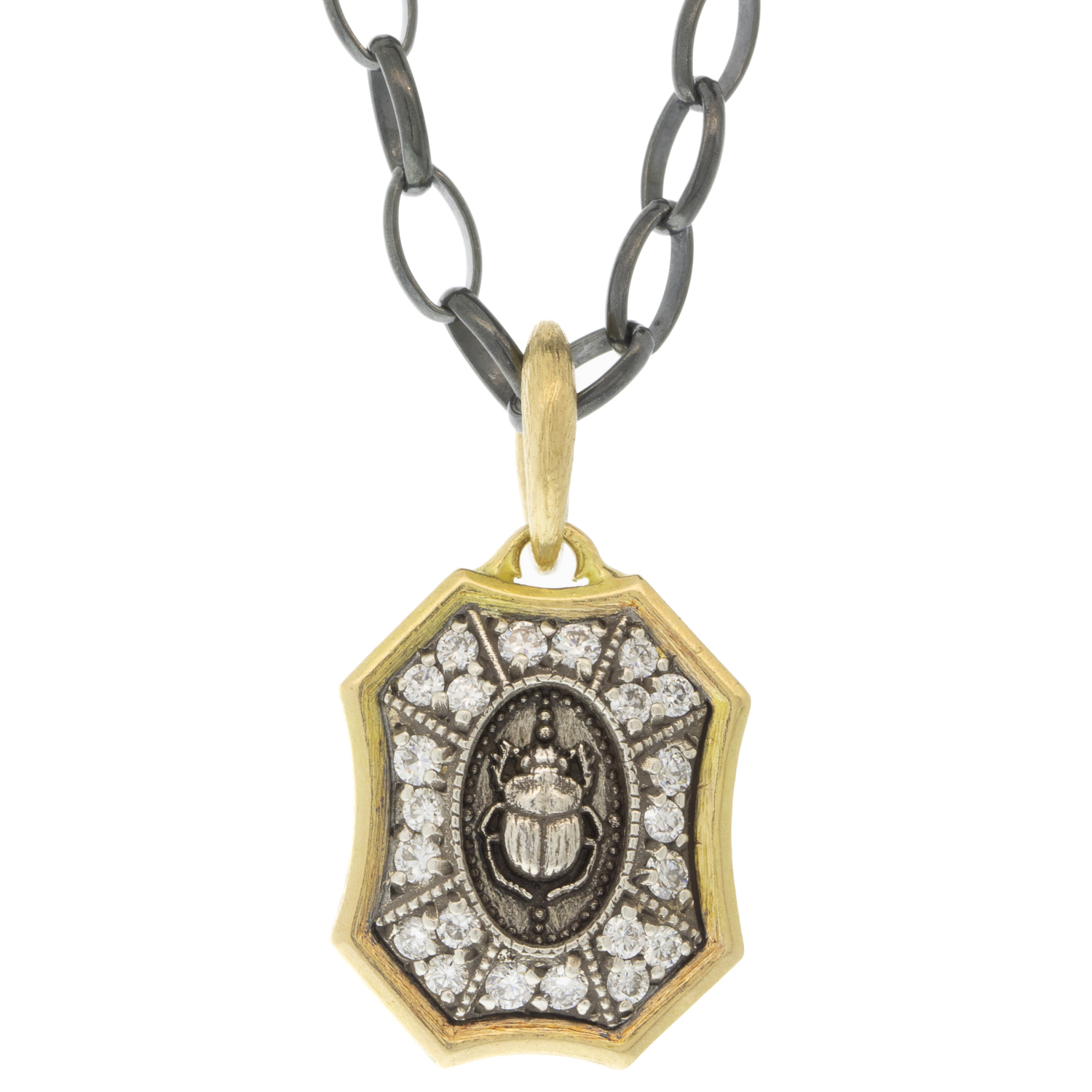 Erica Molinari Trunk Show: Charm, Small Pave White Diamonds Scarab Beetle Shield, "Follow Your Own Star", Sterling silver, 18K gold, Diamonds, .40 TCW, Measures 1 x 9/16 including bail