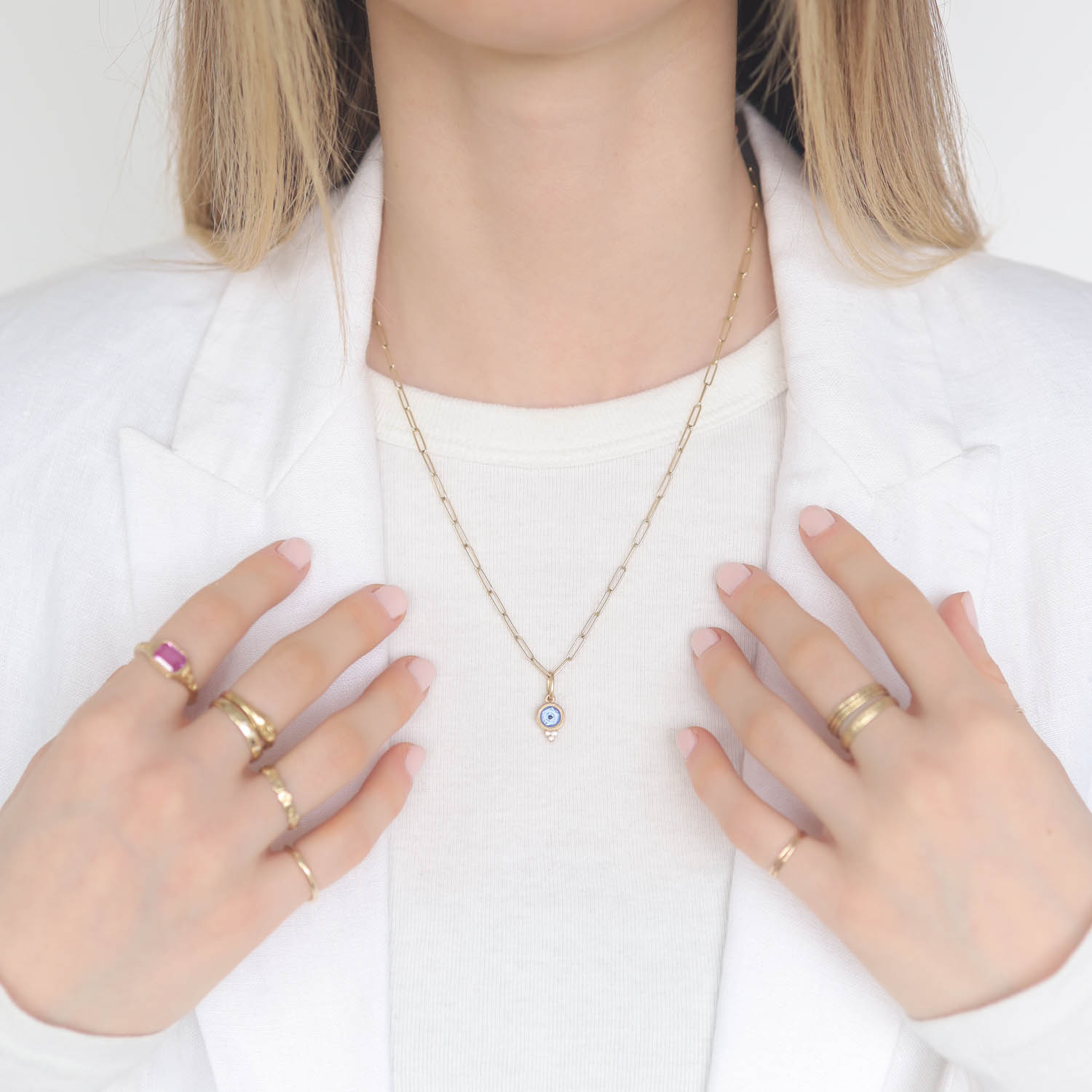 Erica Molinari Trunk Show: 18k baby HAND PAINTED Vitreous enamel Silver foil evil eye set in triple diamond granule - .03cts, 13/16" x 5/16" including bail