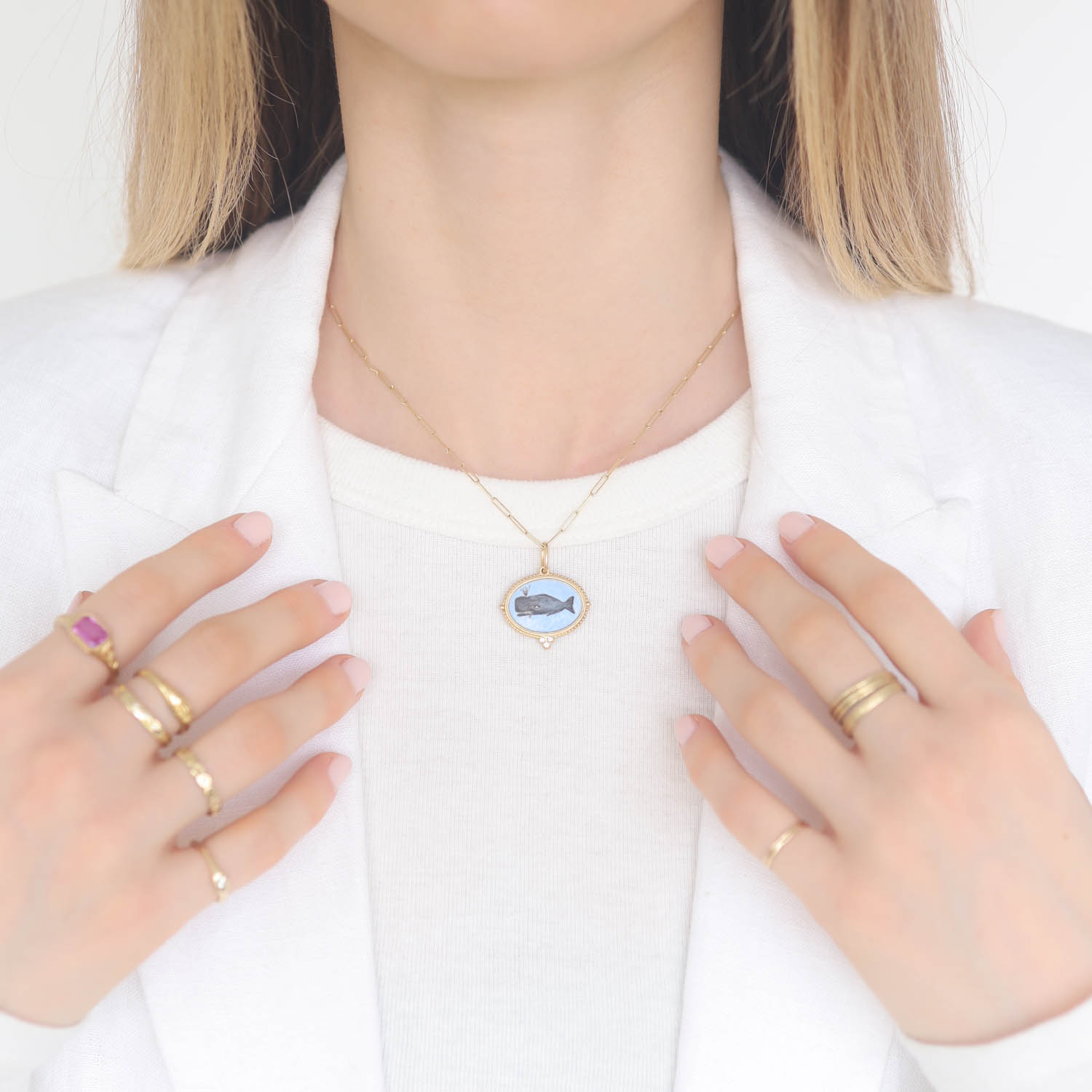 Erica Molinari Trunk Show: 18K med oval HAND PAINTED Vitreous enamel Whale set in triple diamond frame - .045cts, 1 1/8" x 15/16" including bail