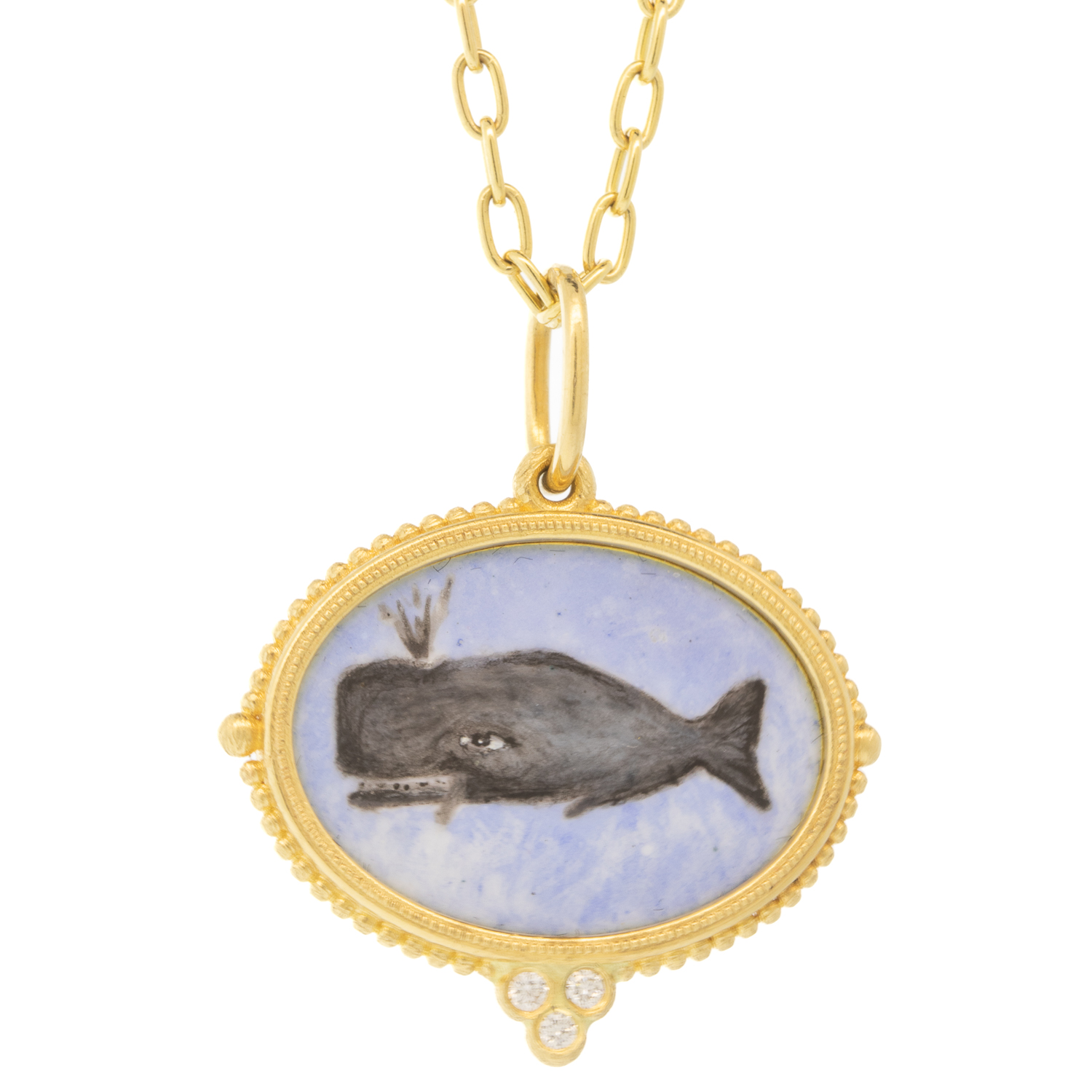 Erica Molinari Trunk Show: 18K med oval HAND PAINTED Vitreous enamel Whale set in triple diamond frame - .045cts, 1 1/8" x 15/16" including bail