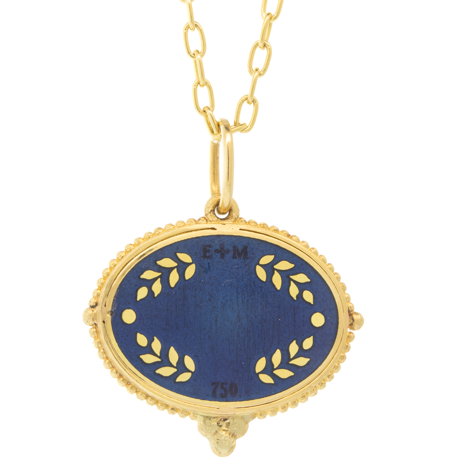 Erica Molinari Trunk Show: 18K med oval HAND PAINTED Vitreous enamel Whale set in triple diamond frame - .045cts, 1 1/8" x 15/16" including bail