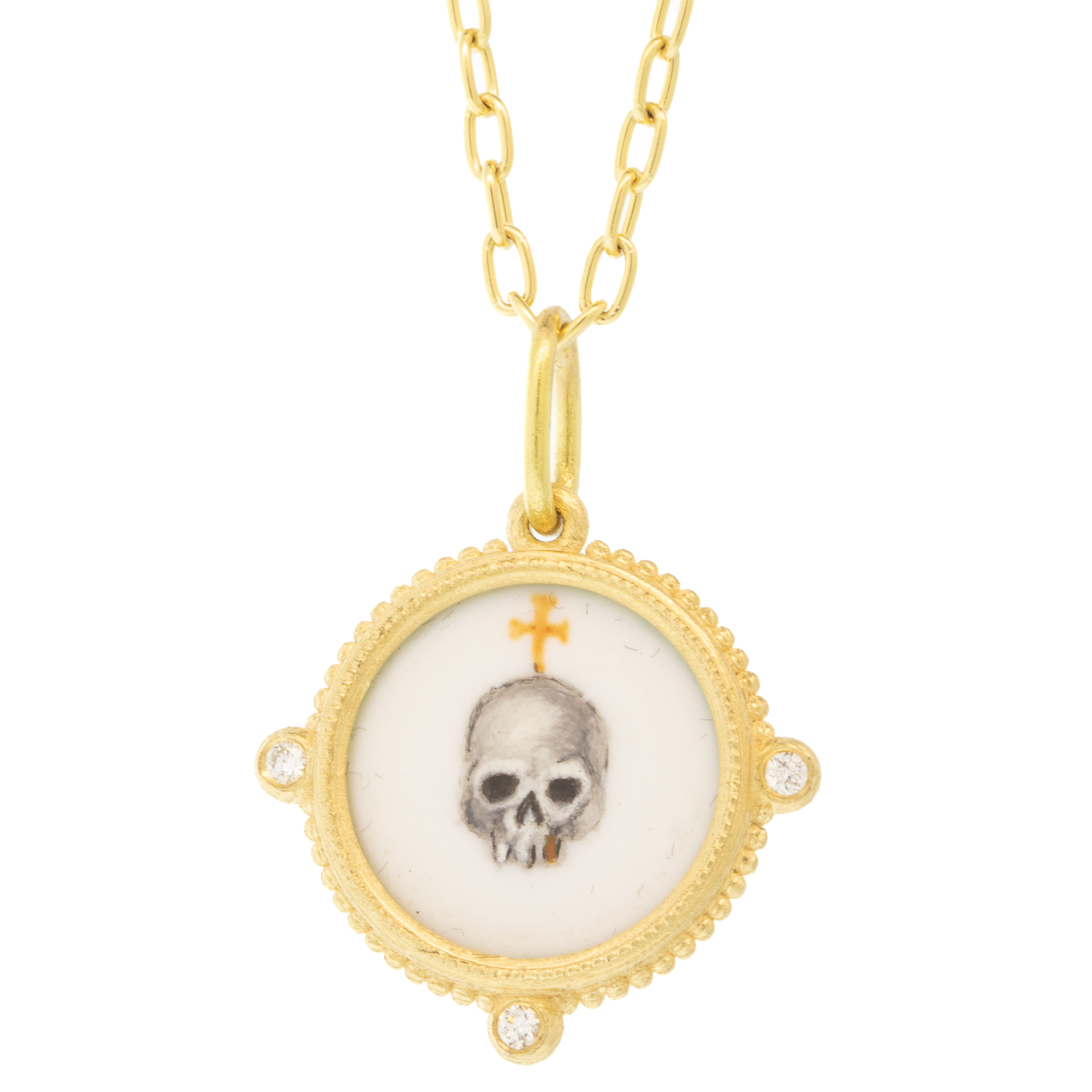 Erica Molinari Trunk Show: 18K HAND PAINTED Vitreous enamel skull and cross set frame with triple spaced diamond -.09cts, 1 1/16" x 13/16" including bail