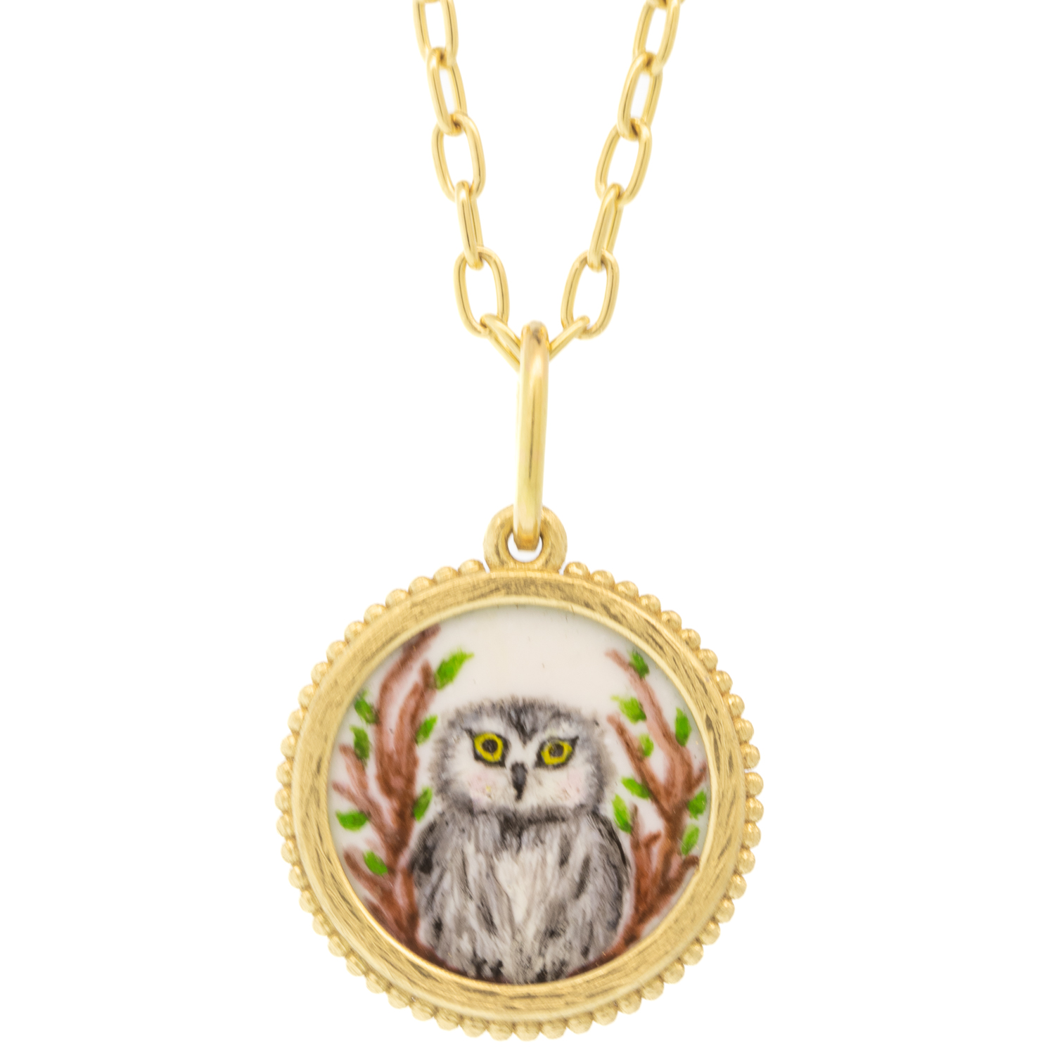 Erica Molinari Trunk Show: 18K small round HAND painted vitreous enamel Owl with jagged frame, 1" x 11/16" including bail