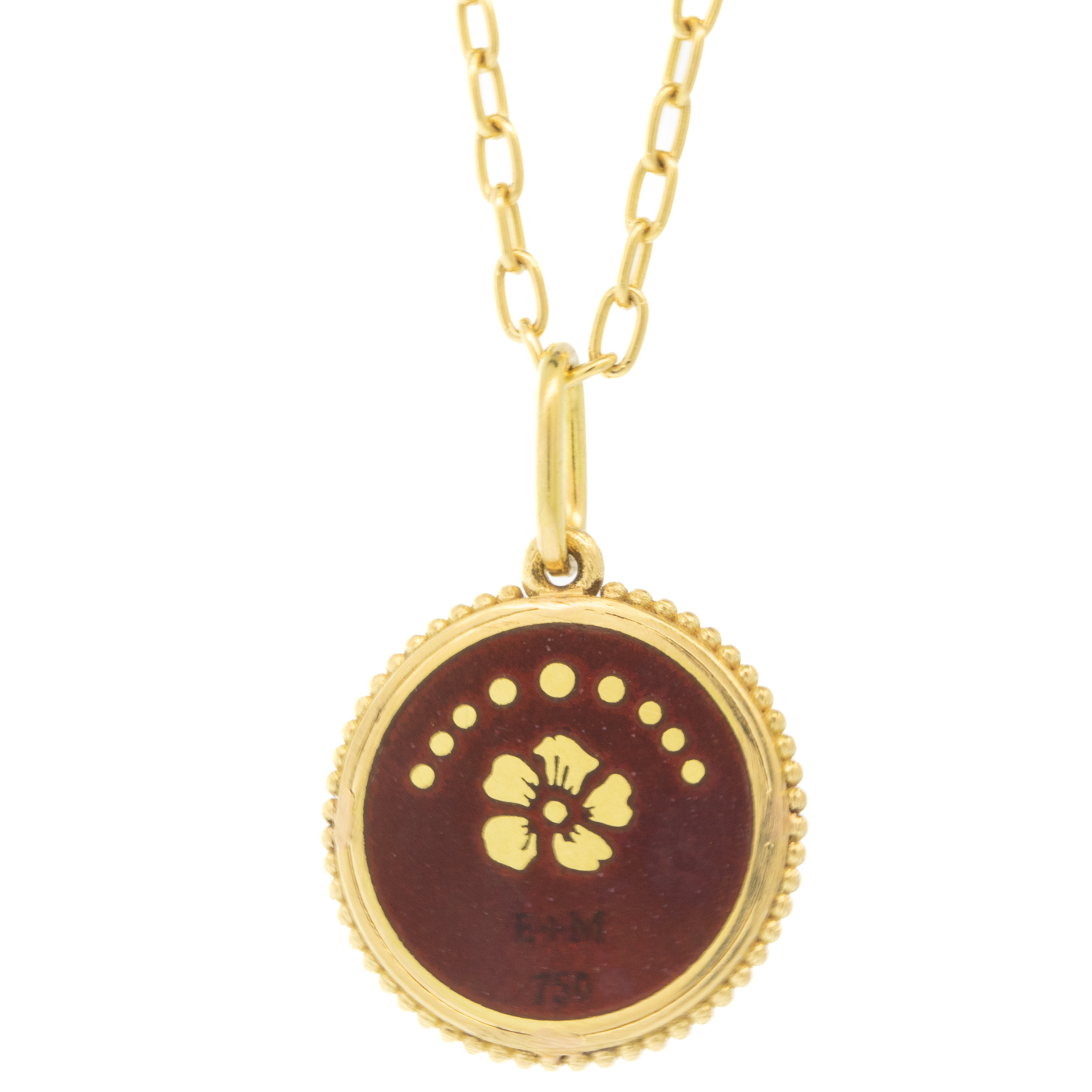 Erica Molinari Trunk Show: 18K small round HAND painted vitreous enamel Owl with jagged frame, 1" x 11/16" including bail