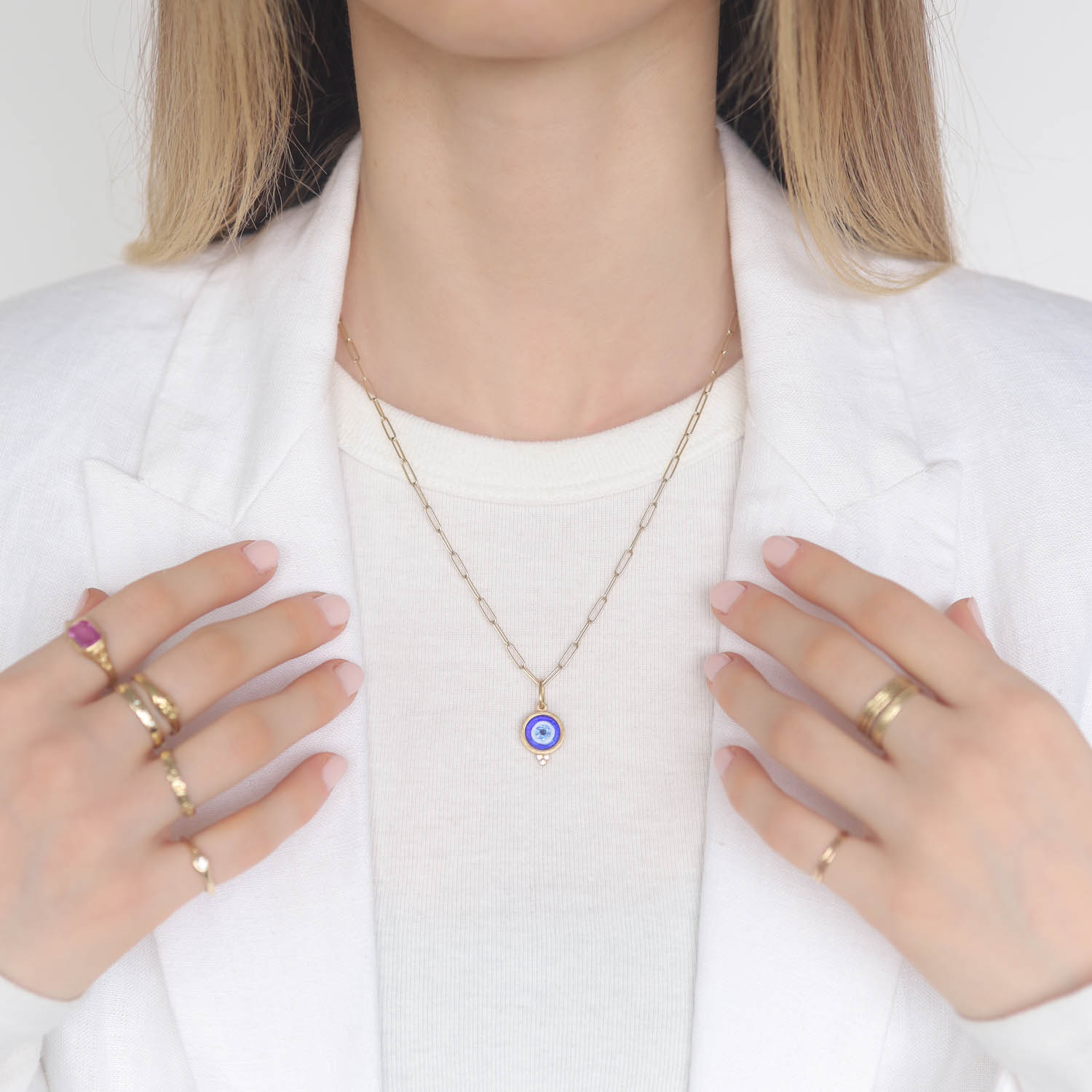 Erica Molinari Trunk Show: 18k baby round Silver foil HAND PAINTED Vitreous enamel evil eye Blue, 15/16" x 1/2" including bail