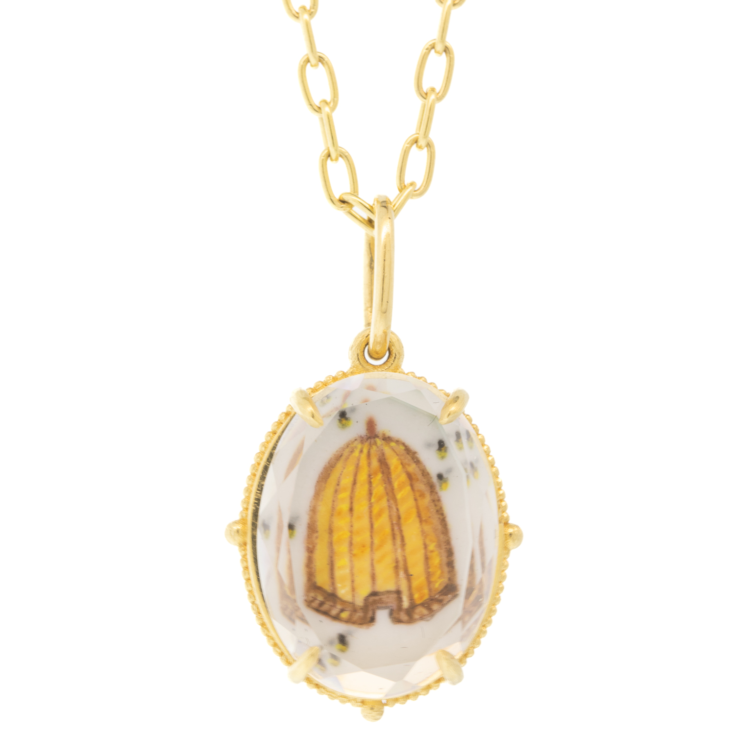 Erica Molinari Trunk Show: 18k small oval HAND PAINTED Vitreous enamel Old Fashioned Beehive set under White sapphire watch crystal, 1" x 9/16" including bail