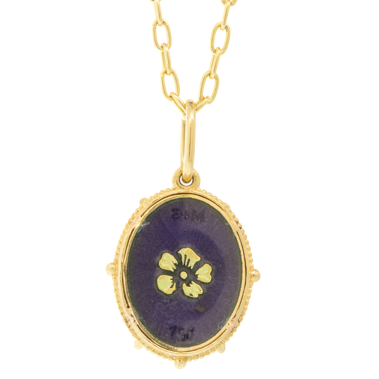 Erica Molinari Trunk Show: 18k small oval HAND PAINTED Vitreous enamel Old Fashioned Beehive set under White sapphire watch crystal, 1" x 9/16" including bail