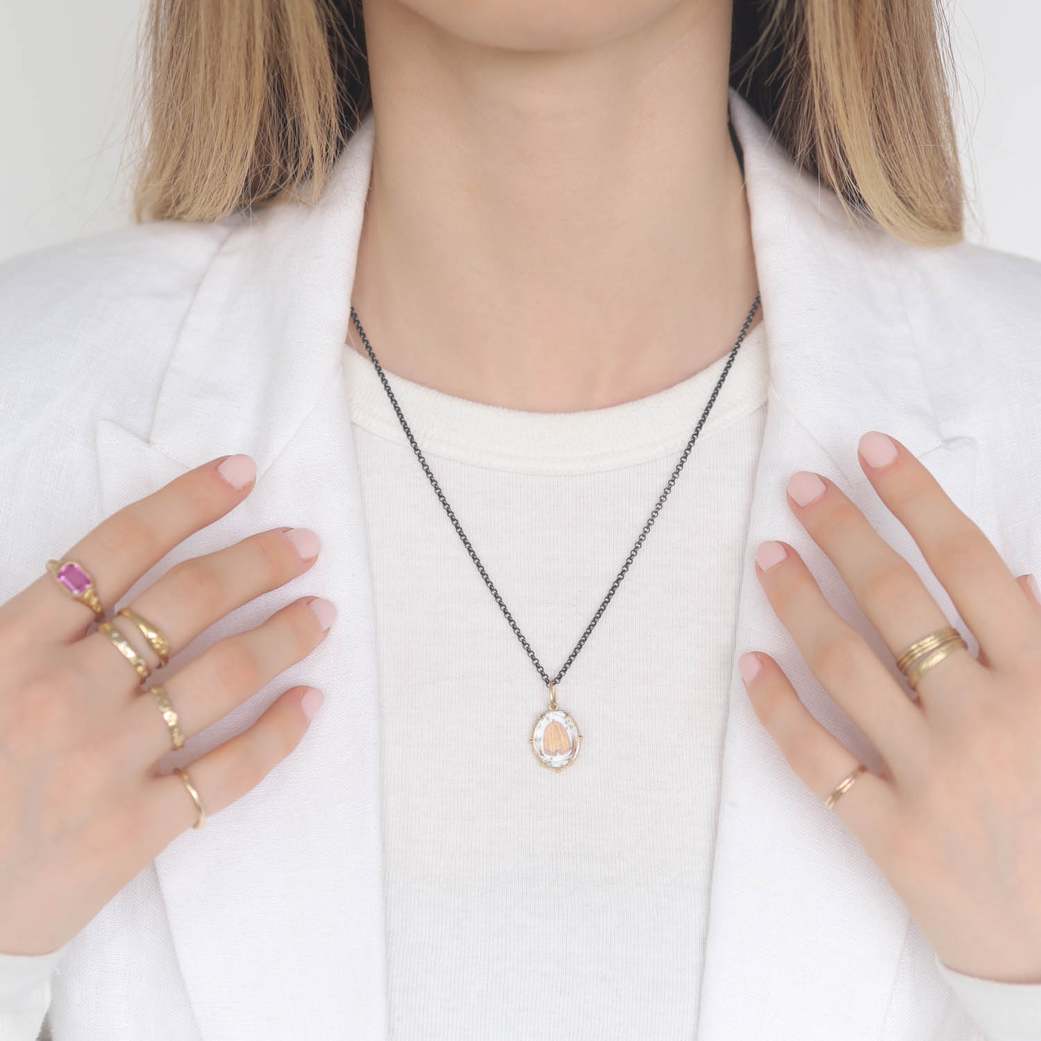 Erica Molinari Trunk Show: 18k small oval HAND PAINTED Vitreous enamel Old Fashioned Beehive set under White sapphire watch crystal, 1" x 9/16" including bail