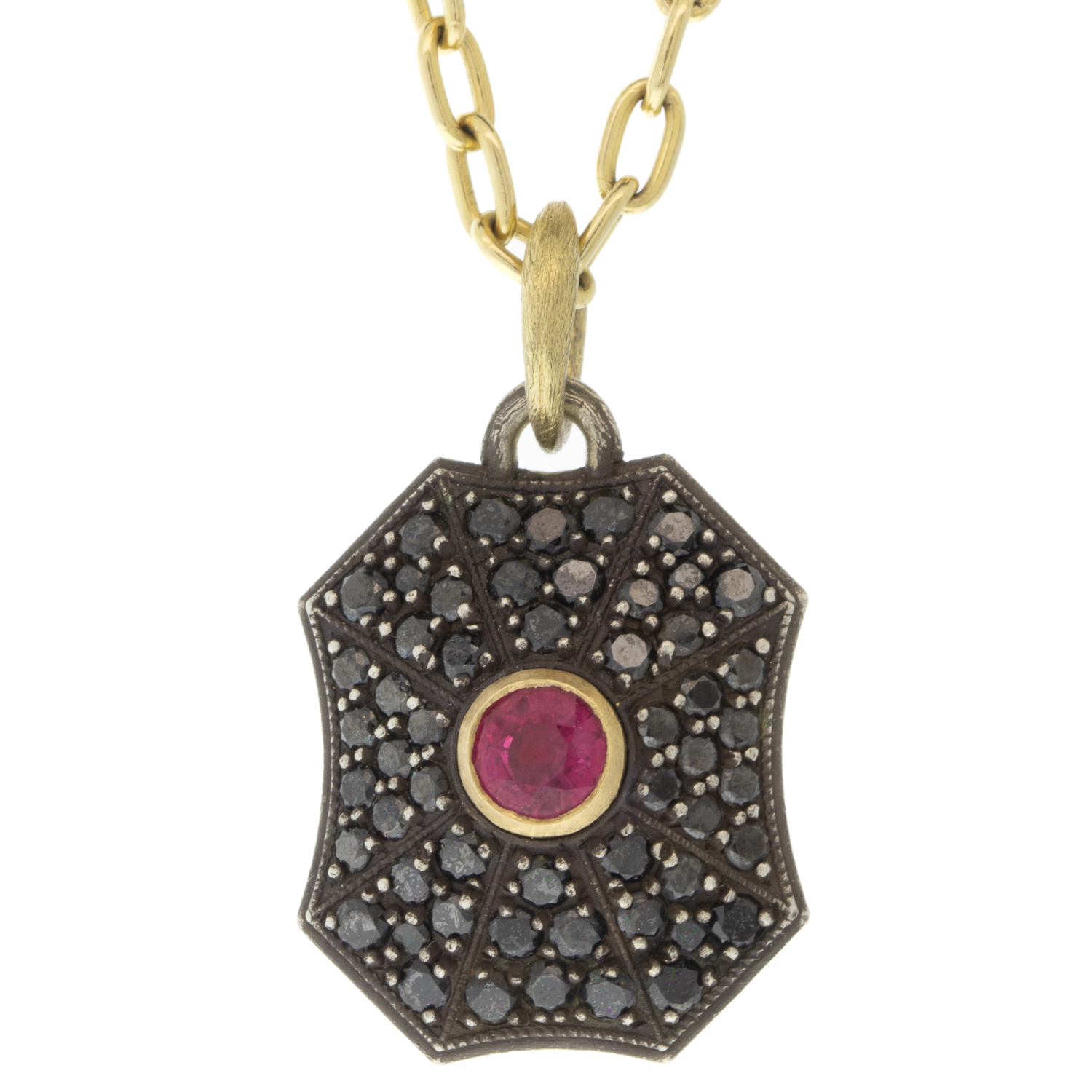 Erica Molinari Trunk Show: ss large black diamond pillow w/pink sapphire center-2.21cts crown & crosses