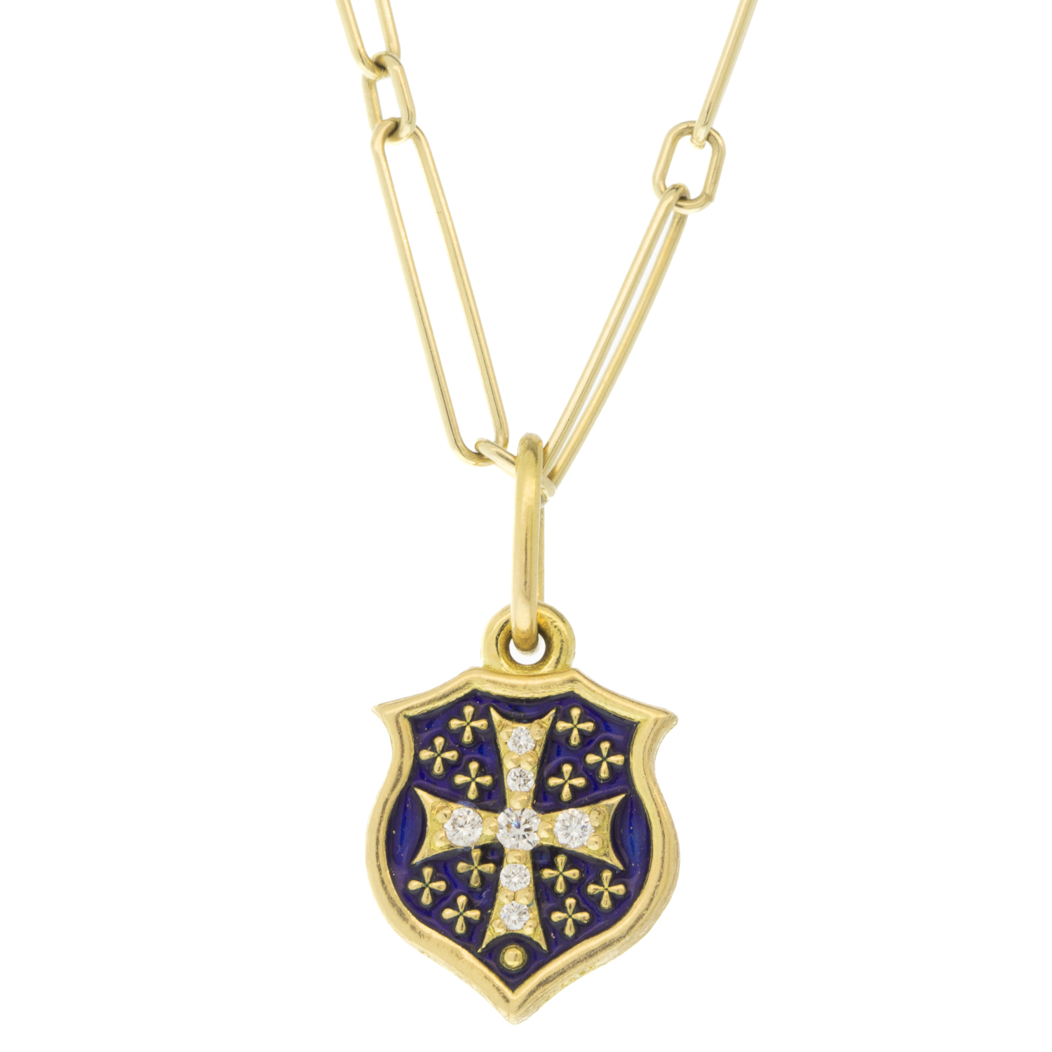 Erica Molinari Trunk Show: Charm, Diamond Cross, "Love", Blue vitreous enamel, 18K gold, Diamonds, .07 TCW