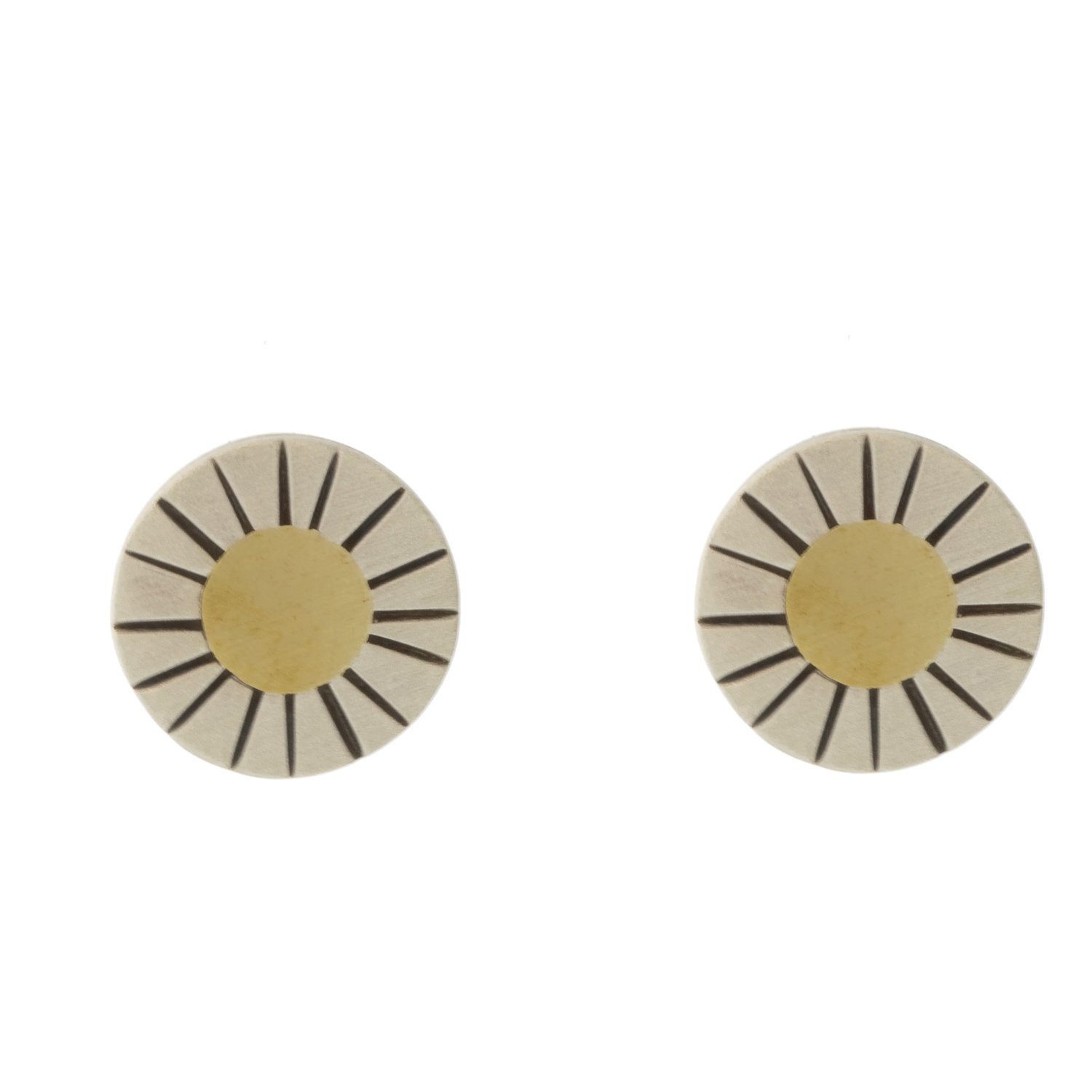 Jane Diaz: Etched Sterling Silver Sun Stud, Gold plate, 7/16" in diameter