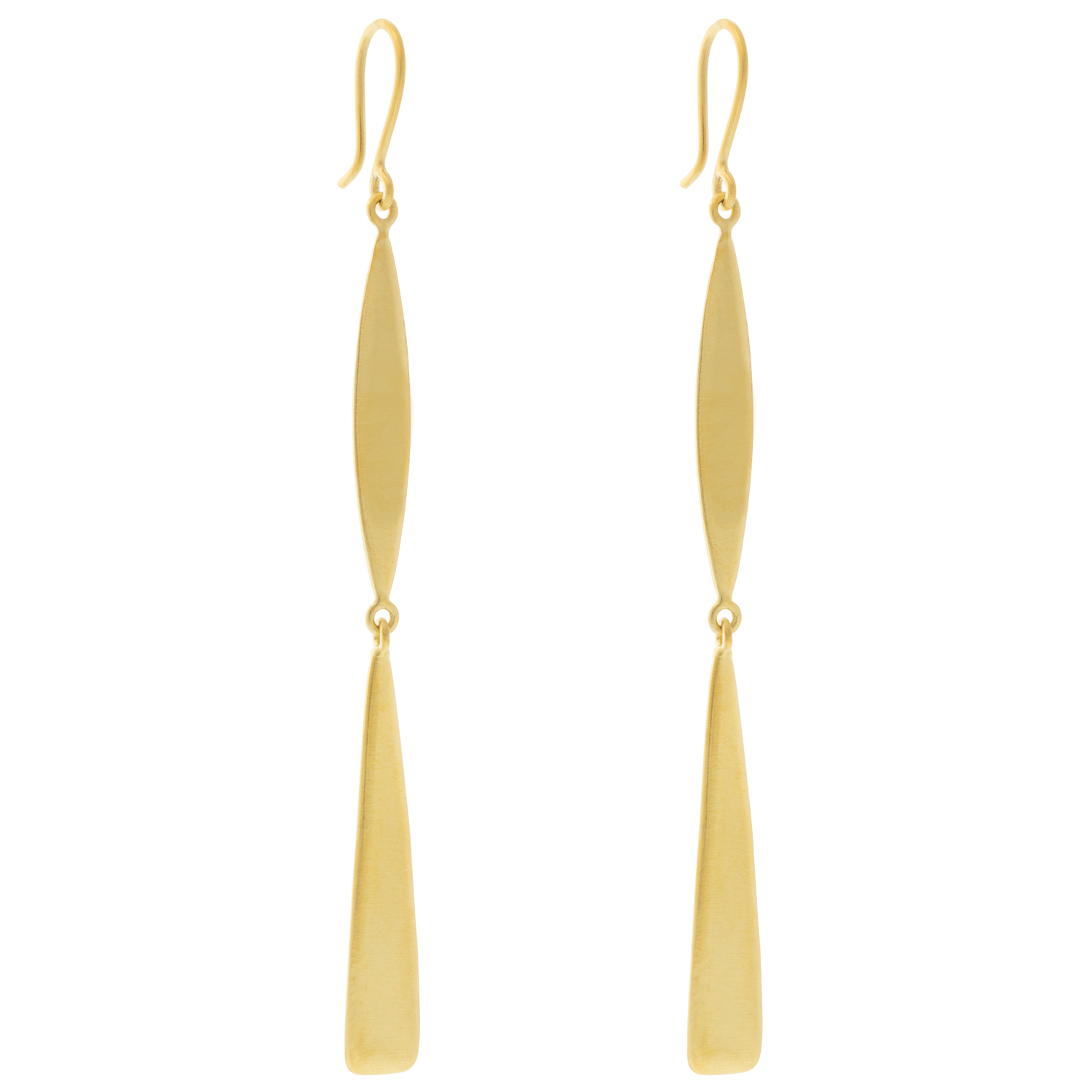 Jane Diaz: Marquise and Triangle Long Slinky Drop Earrings, Gold Plate
