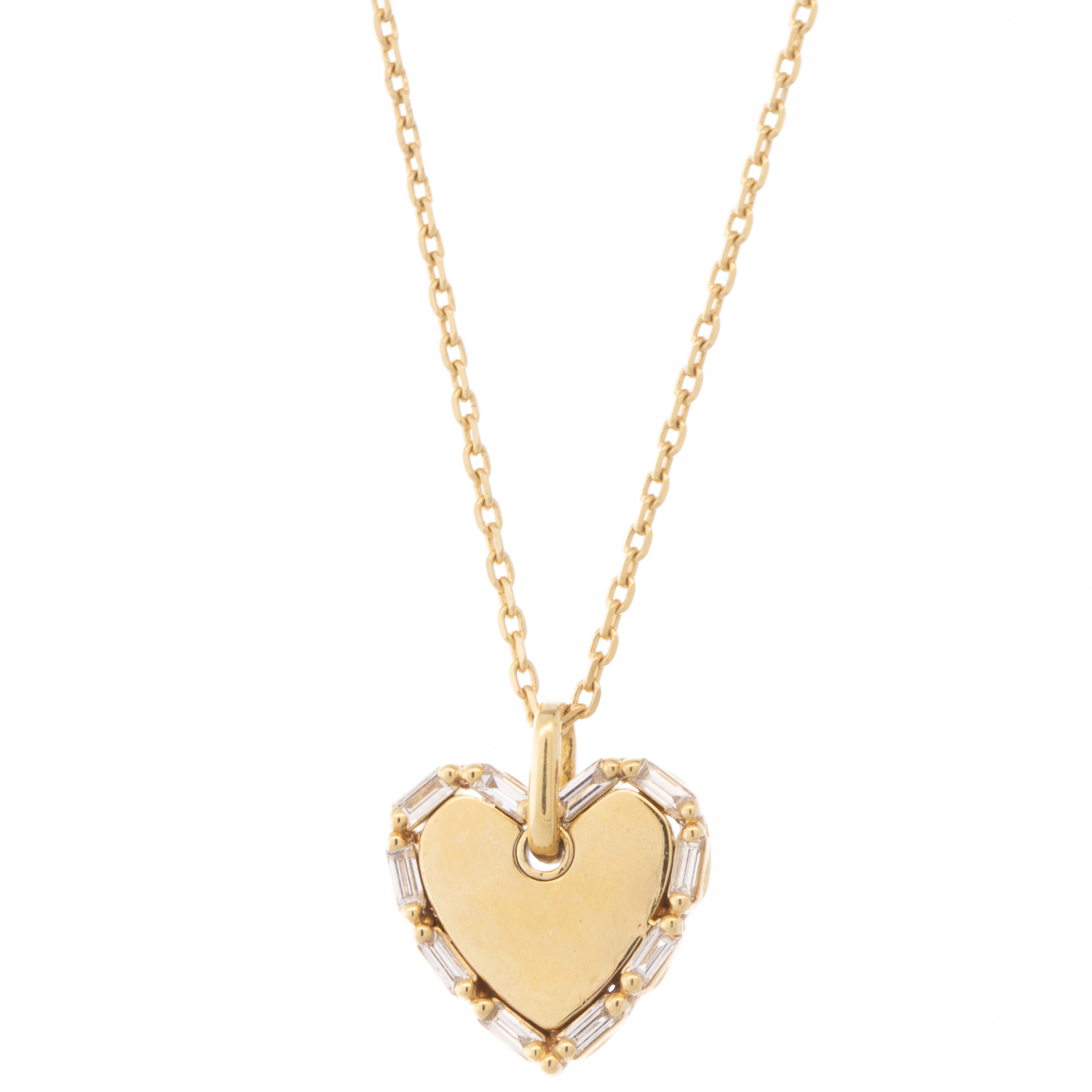 Suzanne Kalan: 18K YG Small heart with diamond frame necklace- .14 TCW White Diamond Baguettes