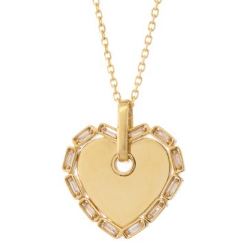Suzanne Kalan: 18K YG Medium heart with diamond frame necklace- .20 TCW White Diamond Baguettes