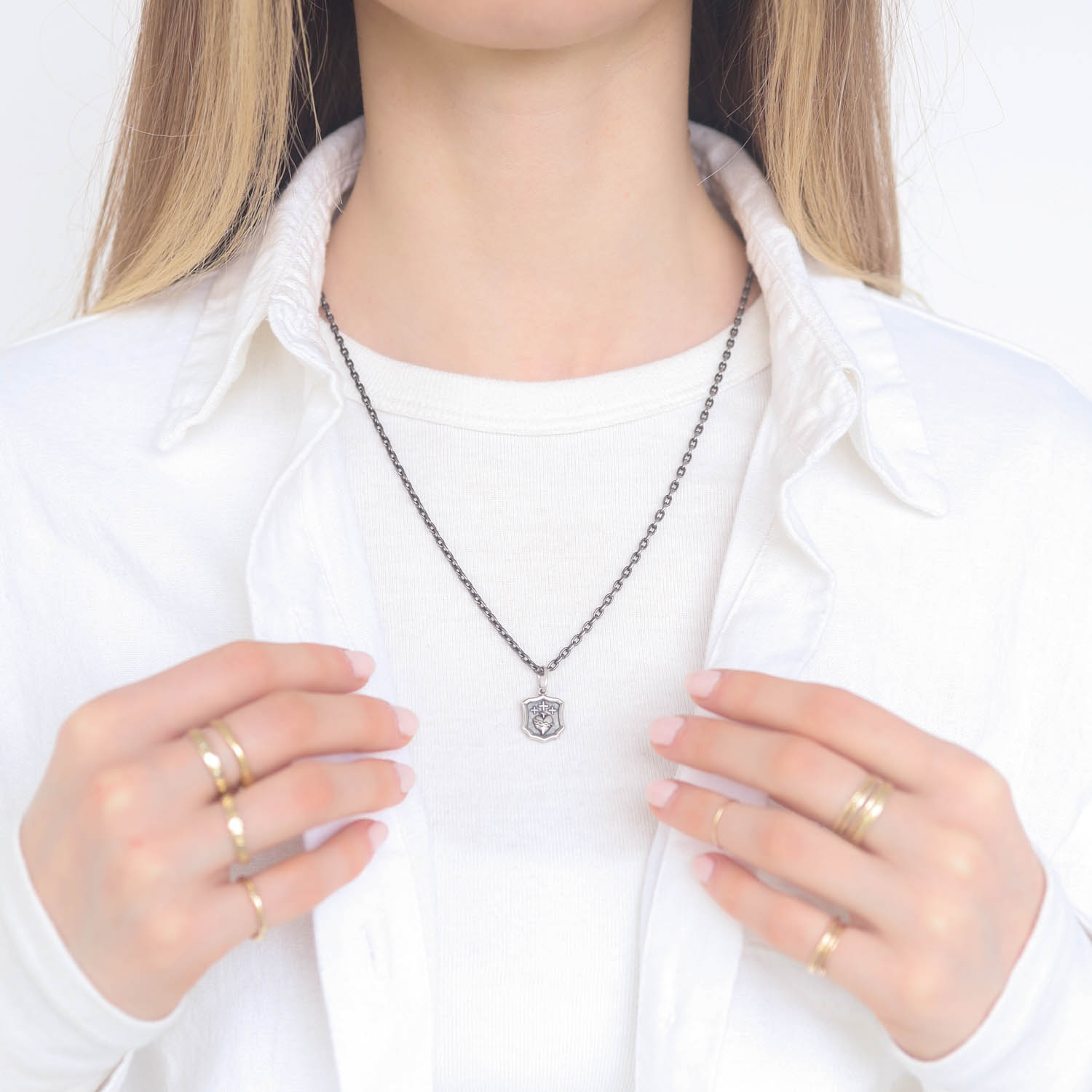 Erica Molinari Trunk Show: Charm, Small Shield Single Sacred Heart and Crosses, Sterling silver, Measures 7/8 x 1/2 including bail