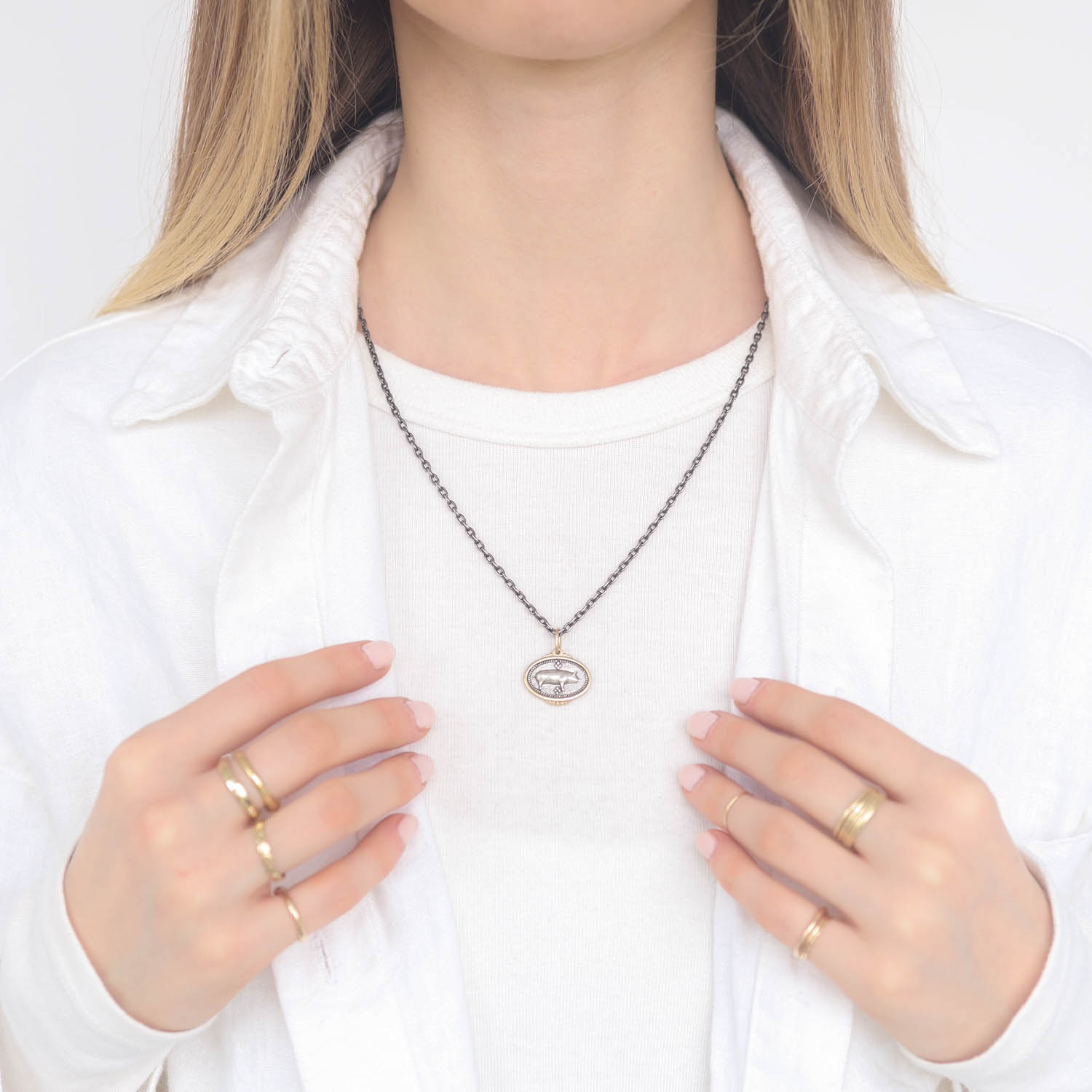 Erica Molinari Trunk Show: Charm, Small Oval Stanley the Pig, Sterling silver, 18K gold, Measures 1 x 13/16 including bail