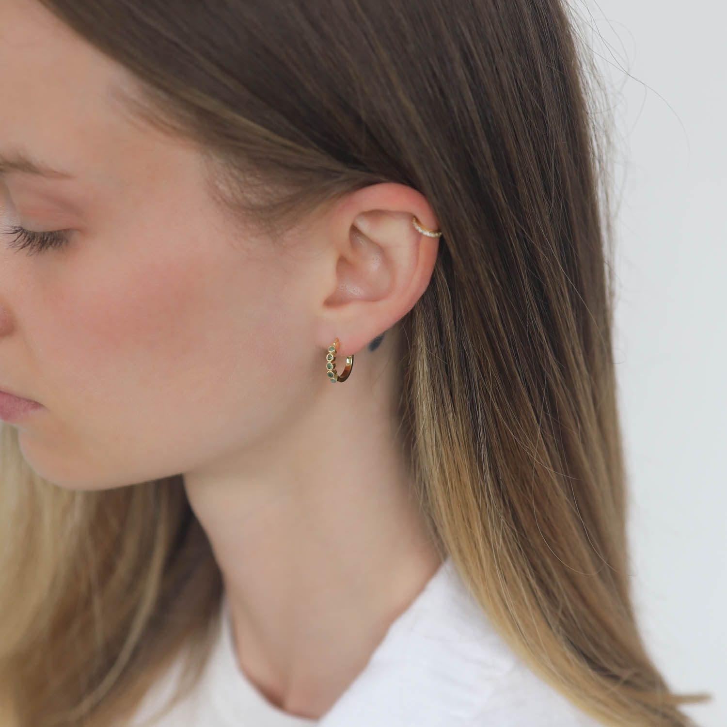 LuLu: Emerald Lola Huggies Earrings, 18K gold vermeil