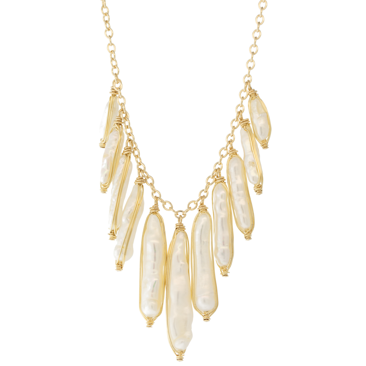 Dana Kellin: Dangling long pearl necklace on gold filled chain