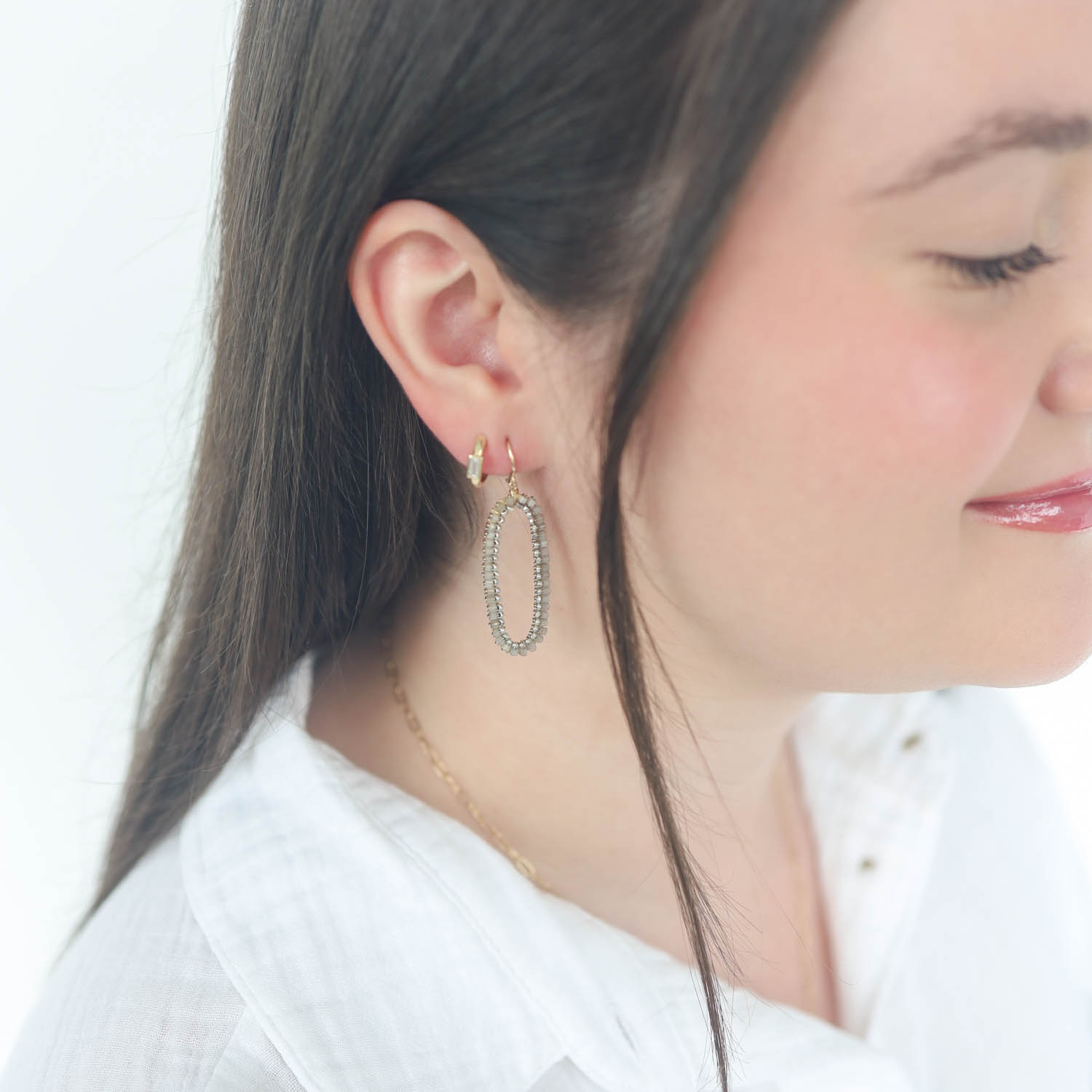 Dana Kellin: Earrings, Gold Fill, (Gray Moonstone, Labradorite, Black Mother of Pearl, Gray Chalcedony, Freshwater Pearl, Crystal, Seed Beads), Long Open Oval
