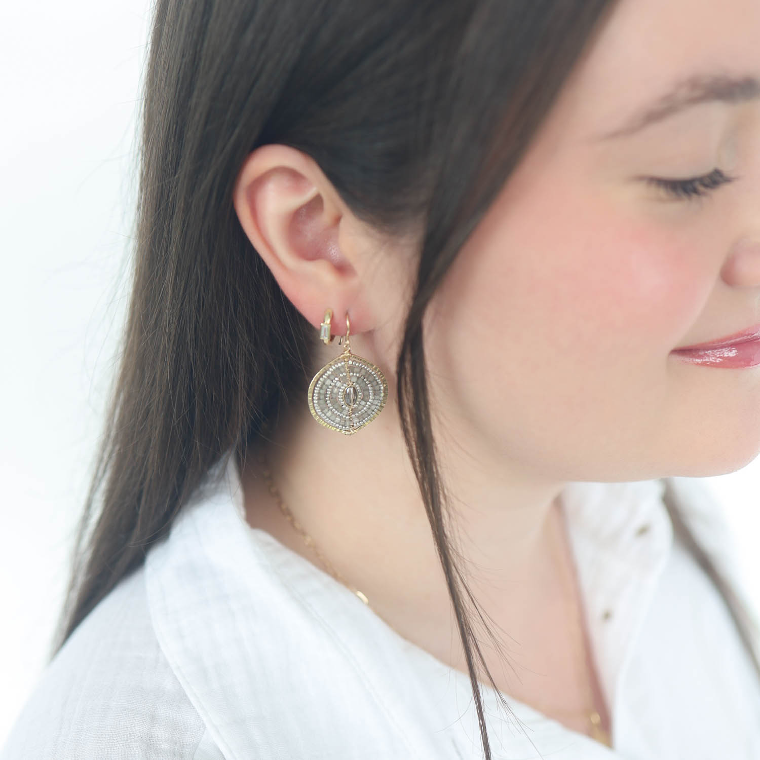 Dana Kellin: Earrings, 14K gold Fill, Driftwood Mix (Gray Moonstone, Labradorite, Black Mother of Pearl, Gray Chalcedony, Freshwater Pearl, Crystal, Seed Beads), Marquise Shaped