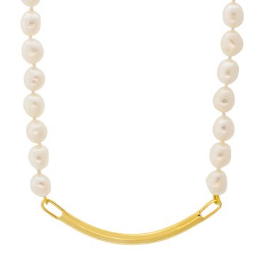 Catherine Canino: LADY ID necklace knotted gold thread, 14K over brass, nearly-round freshwater pearls