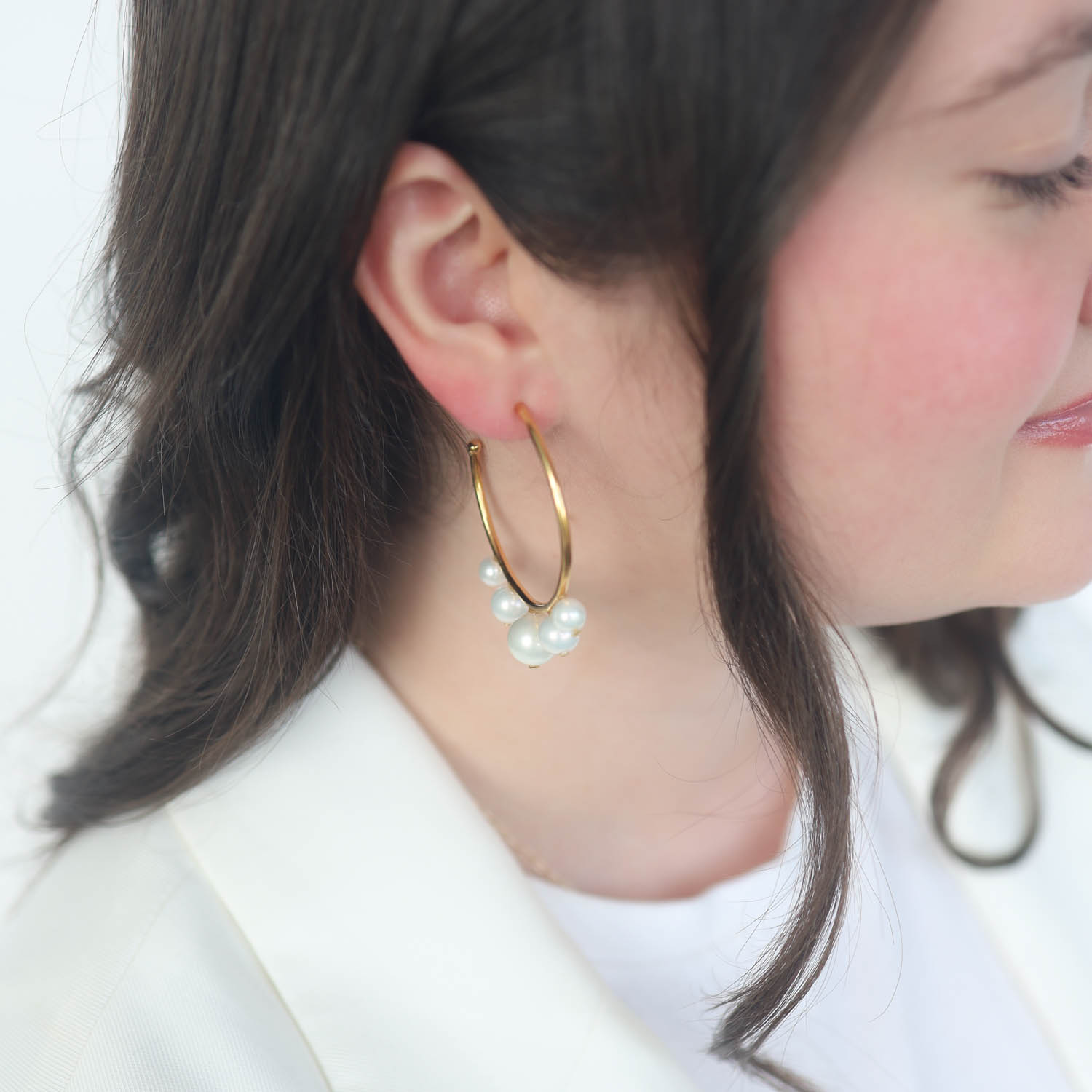 Catherine Canino: Pearl studded hoops 14K gold over brass, surgical steel post