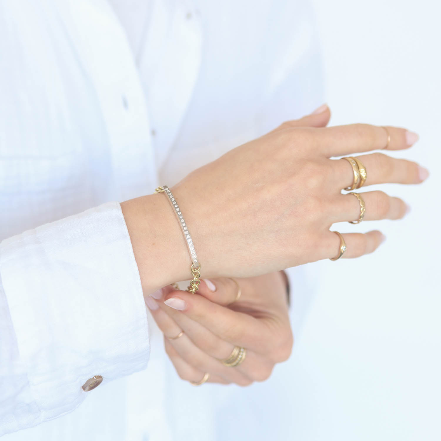 Rene Escobar:Adam ID,2.5MM SILVER BAR ID & YG CHAIN BRACELET SET WITH 0.25CT IN DIAMONDS/ SIZE MED