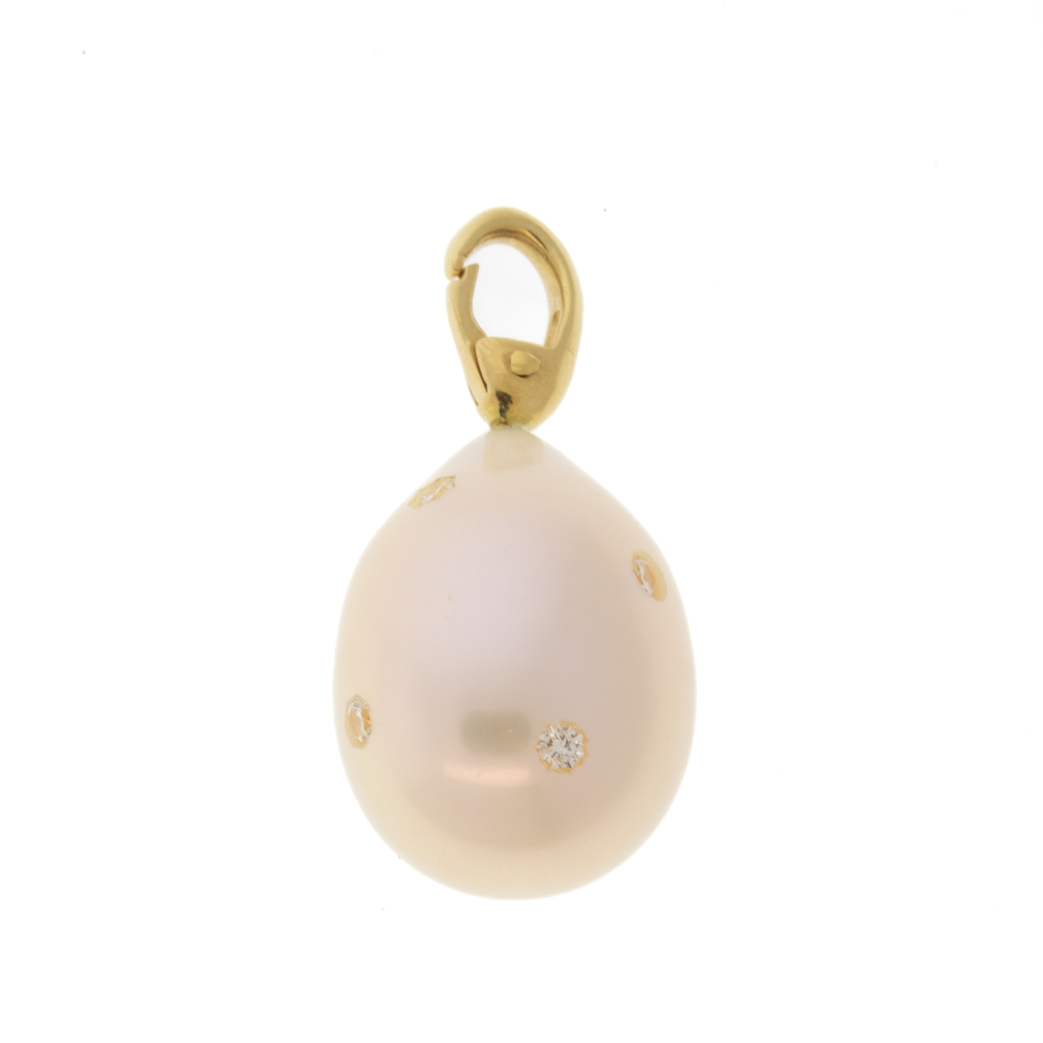 CVC Stones: Drop Shaped Pink Pearl, Seven 0.105ct Small Round Diamonds