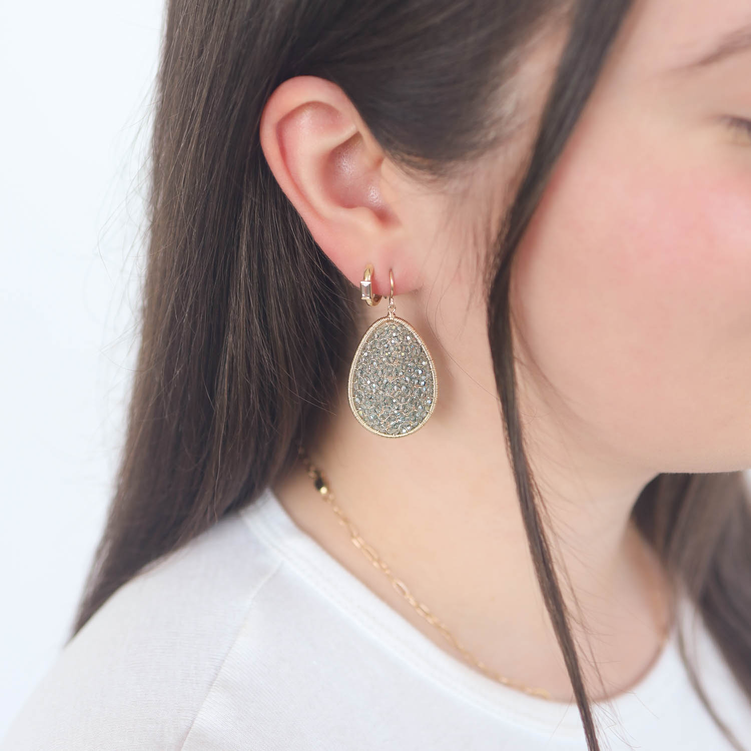 Dana Kellin: Earrings,Dangles,14K Gold fill, Rounded large tear drop shape, Aqua Shadow crystals, 1 13/16" x 7/8"