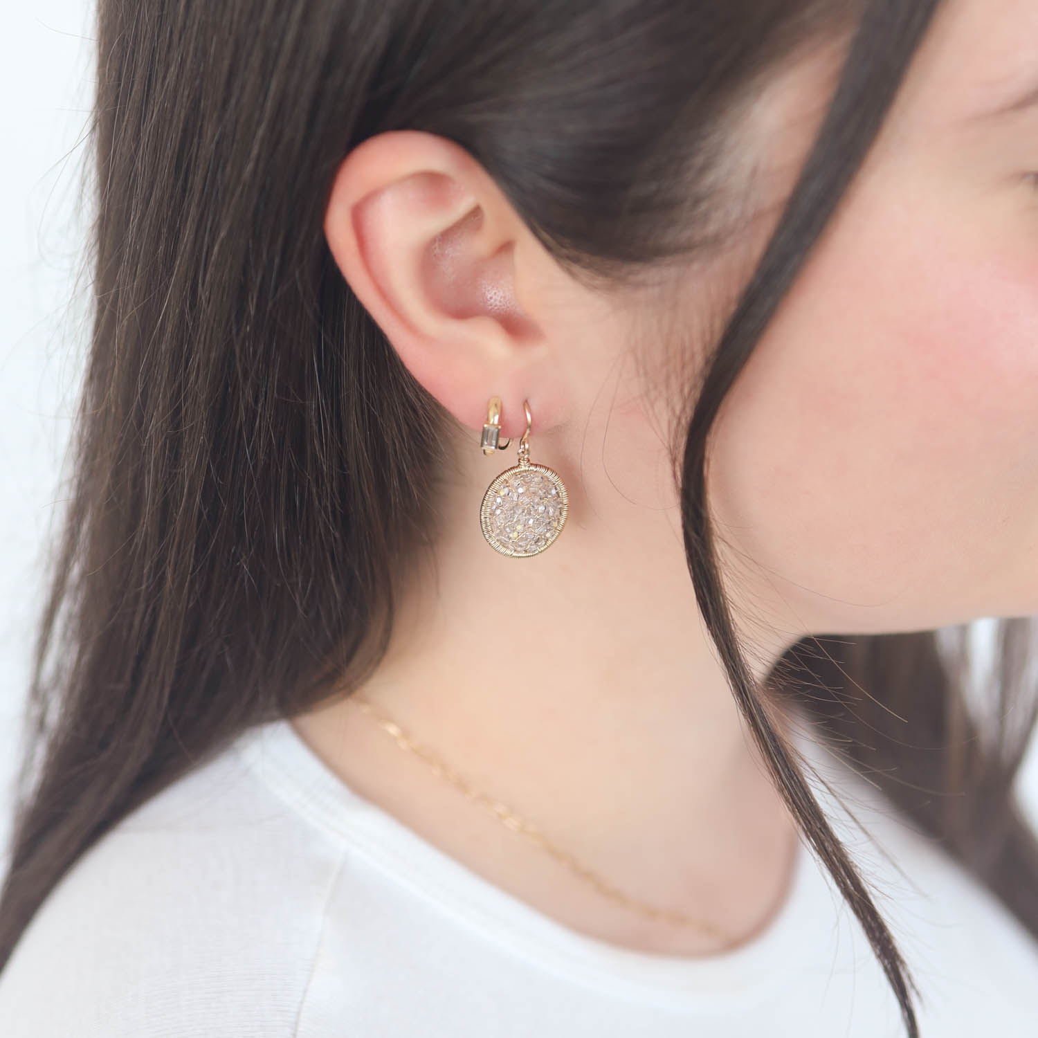 Dana Kellin: Earrings,14K Gold fill,Round ,Clear crystal dangles, 1 3/16"x 5/8" including earwire