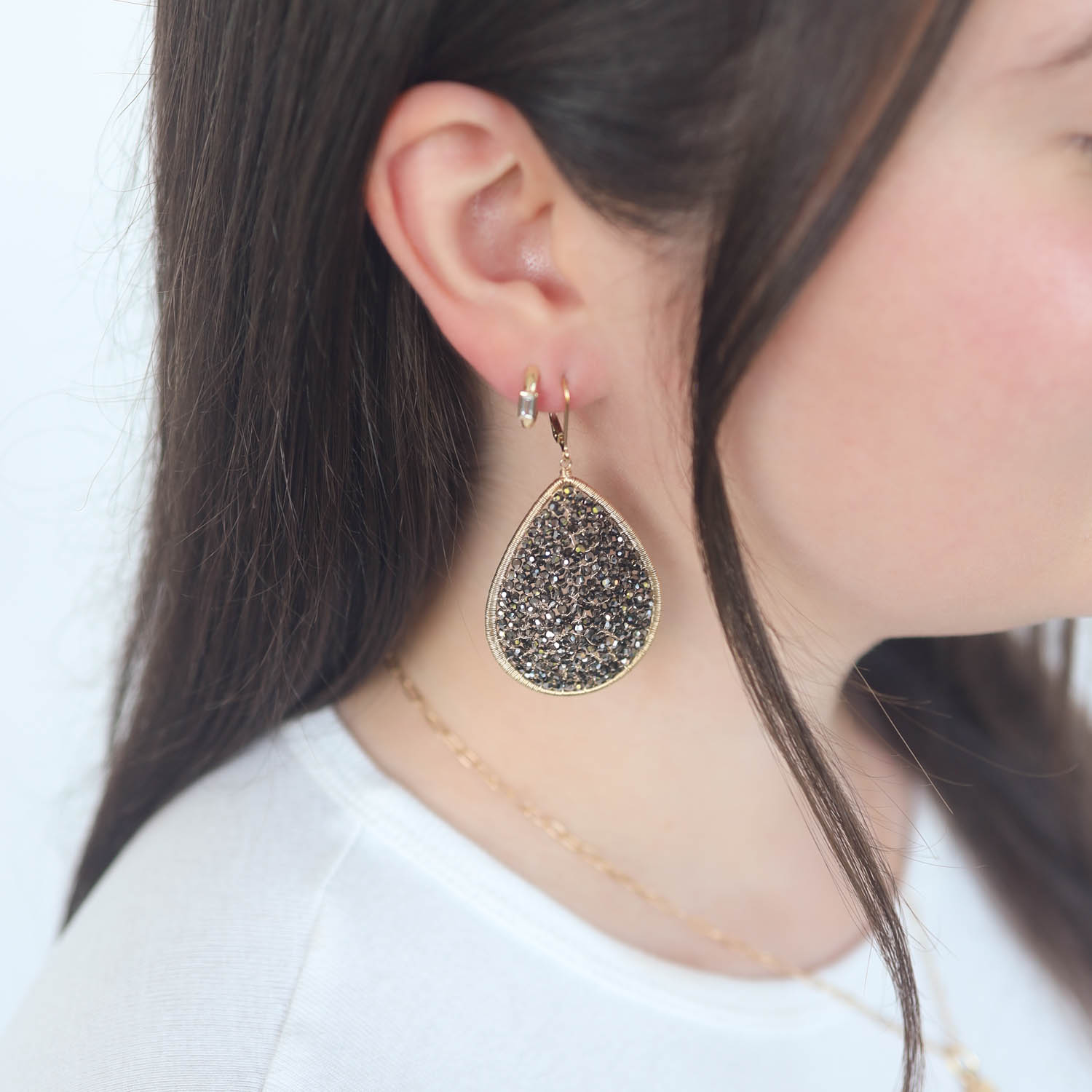 Dana Kellin: Earrings, Large Teardrop Silver Night Crystals, gold Fill, measure 2 7/16" x 1 1/4"