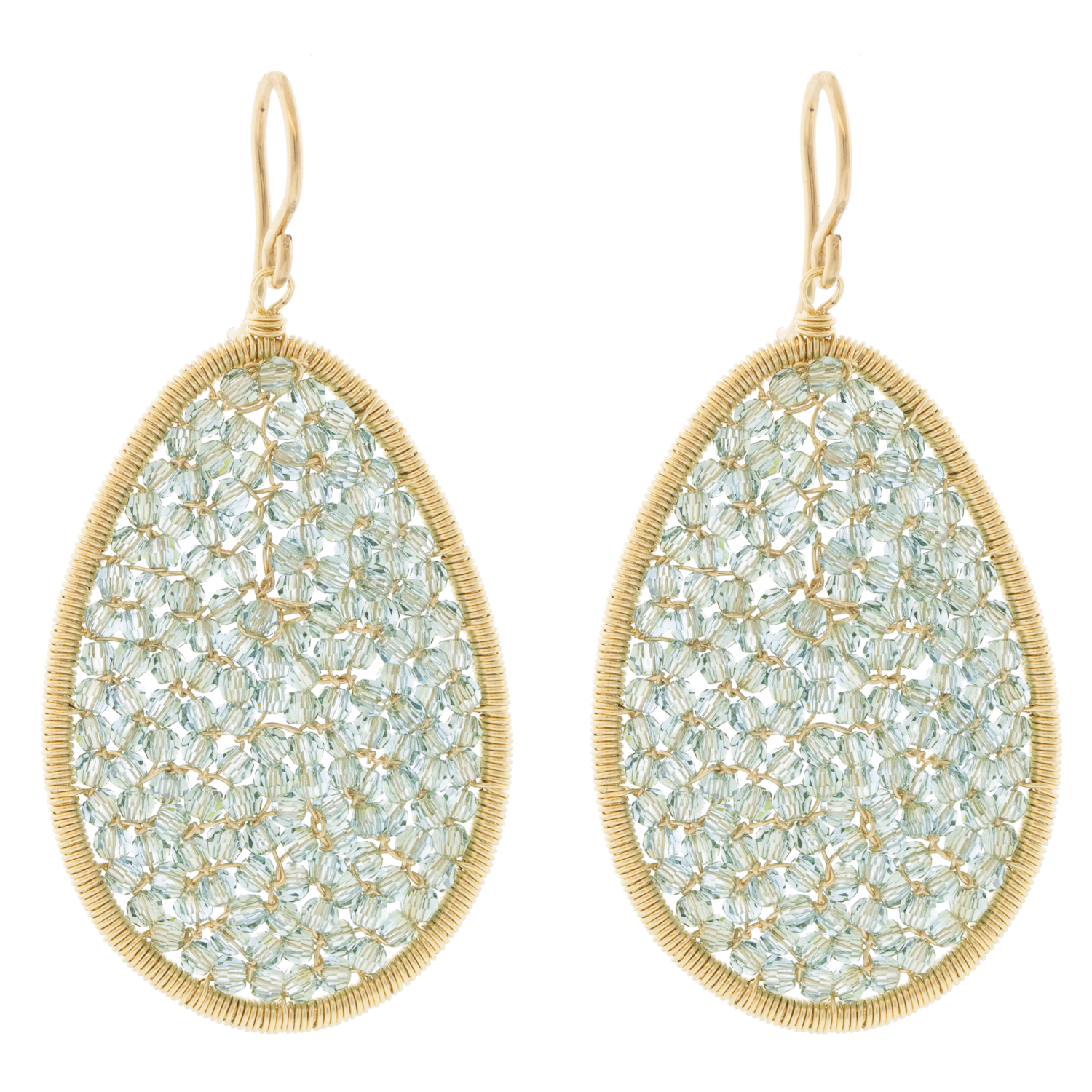Dana Kellin: Earrings,Dangles,14K Gold fill, Rounded large tear drop shape, Aqua Shadow crystals, 1 13/16" x 7/8"