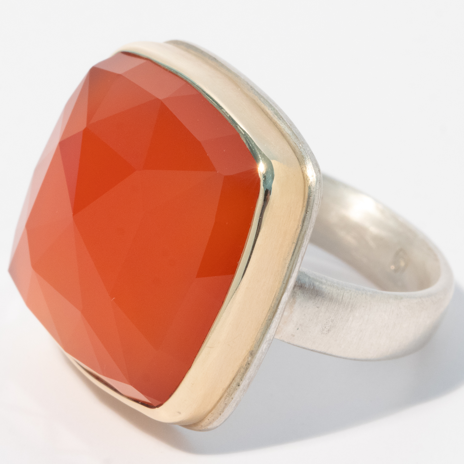 Jamie Joseph: Sterling & 14K Gold Ring w/ Square Rose Cut ORANGE CHALCEDONY on Comfort Band, Size 8 1/2, 3/4" x 3/4"