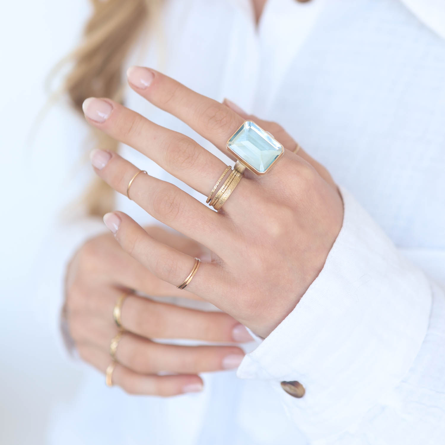 Jamie Joseph: Sterling & 14K Gold Ring w/ Vertical Inverted Rectangular Sky Blue Topaz on Comfort Band, size 7 3/4 measures 3/4" x 9/16"