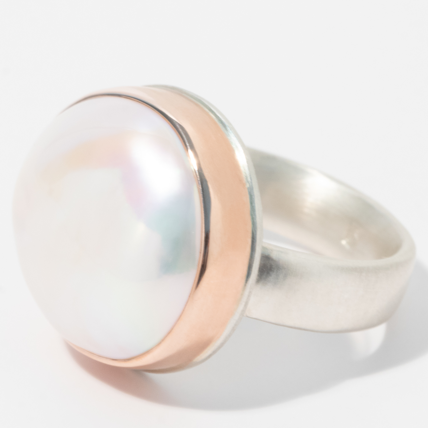 Jamie Joseph: Sterling & 14K Rose Gold Ring w/ Oval PINK CULTURED PEARL on Comfort Band, Size 7 1/4, 5/8" x 11/16"