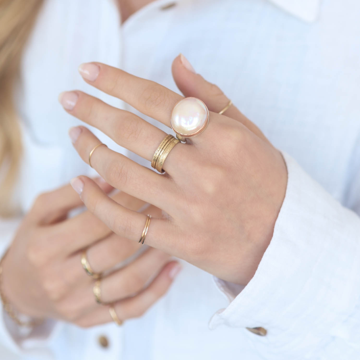 Jamie Joseph: Sterling & 14K Rose Gold Ring w/ Oval PINK CULTURED PEARL on Comfort Band, Size 7 1/4, 5/8" x 11/16"