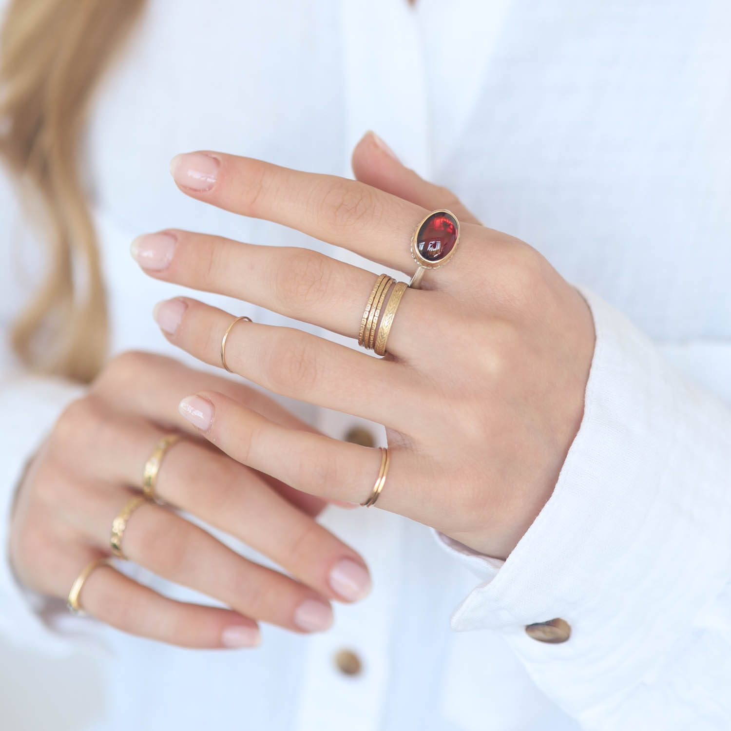 Jamie Joseph: Sterling & 14K Gold Ring w/ Small Oval Smooth GARNET on Lava Platform and Egyptian Band, Size 7 1/4, 5/16" x 1/2"