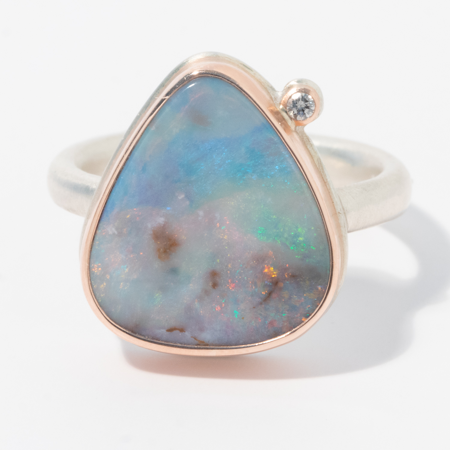 Jamie Joseph: Sterling & 14K Rose Gold Ring w/ Vertical Teardrop BOULDER OPAL & .025 ct Satellite Diamond on Egyptian Band, Size 7 1/4, 5/8" x 9/16"