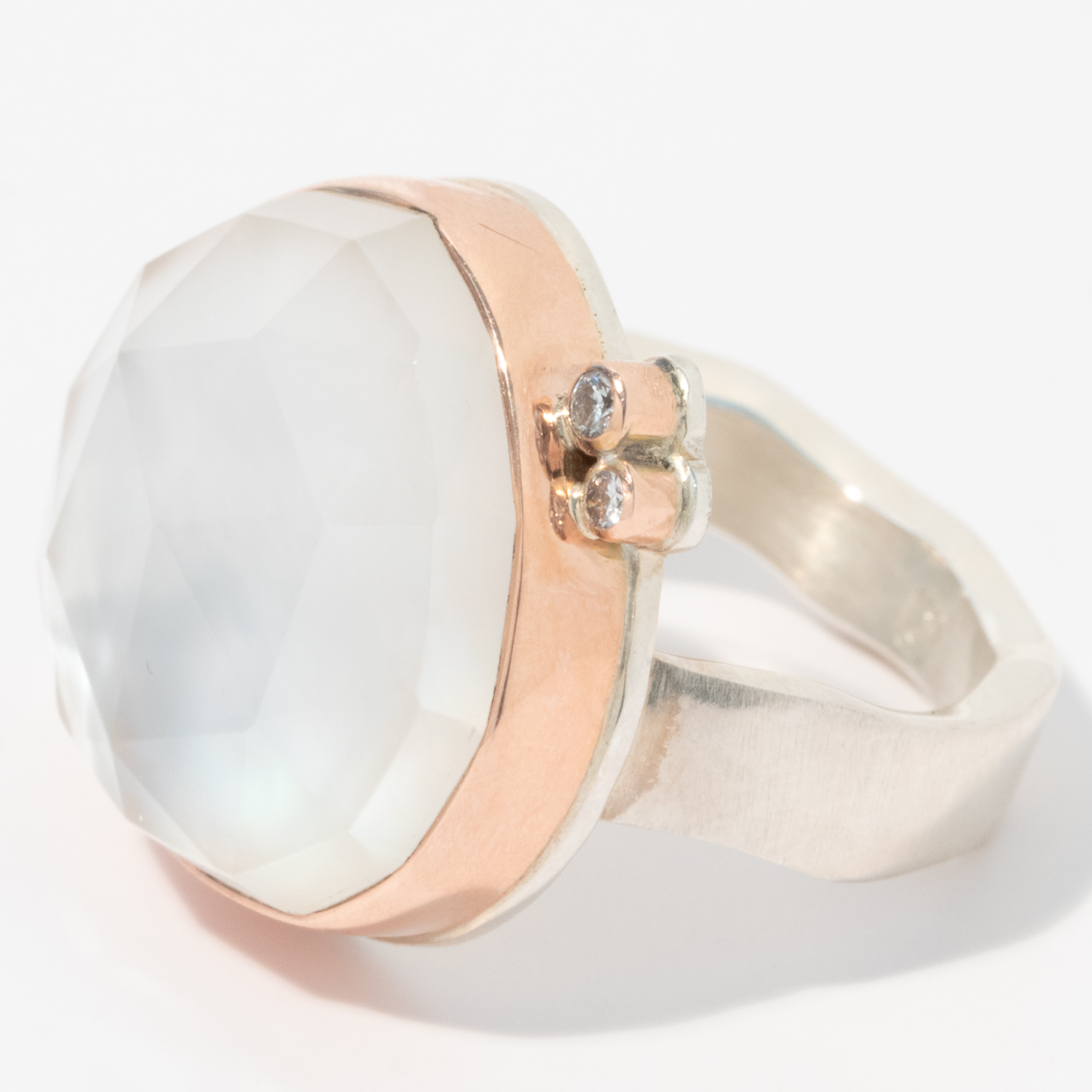 Jamie Joseph: Sterling & 14K Rose Gold Ring w/Asymmetrical Rose Cut ROCK CRYSTAL OVER MOTHER OF PEARL & Triple Satellite Diamonds on Live Edge Band (.08 TCW), Size 7 1/4, 11/16" x 3/4"