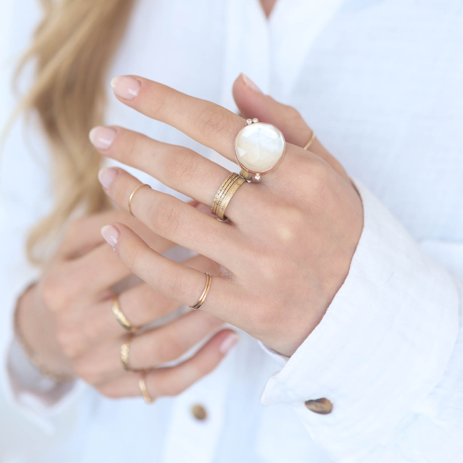 Jamie Joseph: Sterling & 14K Rose Gold Ring w/Asymmetrical Rose Cut ROCK CRYSTAL OVER MOTHER OF PEARL & Triple Satellite Diamonds on Live Edge Band (.08 TCW), Size 7 1/4, 11/16" x 3/4"